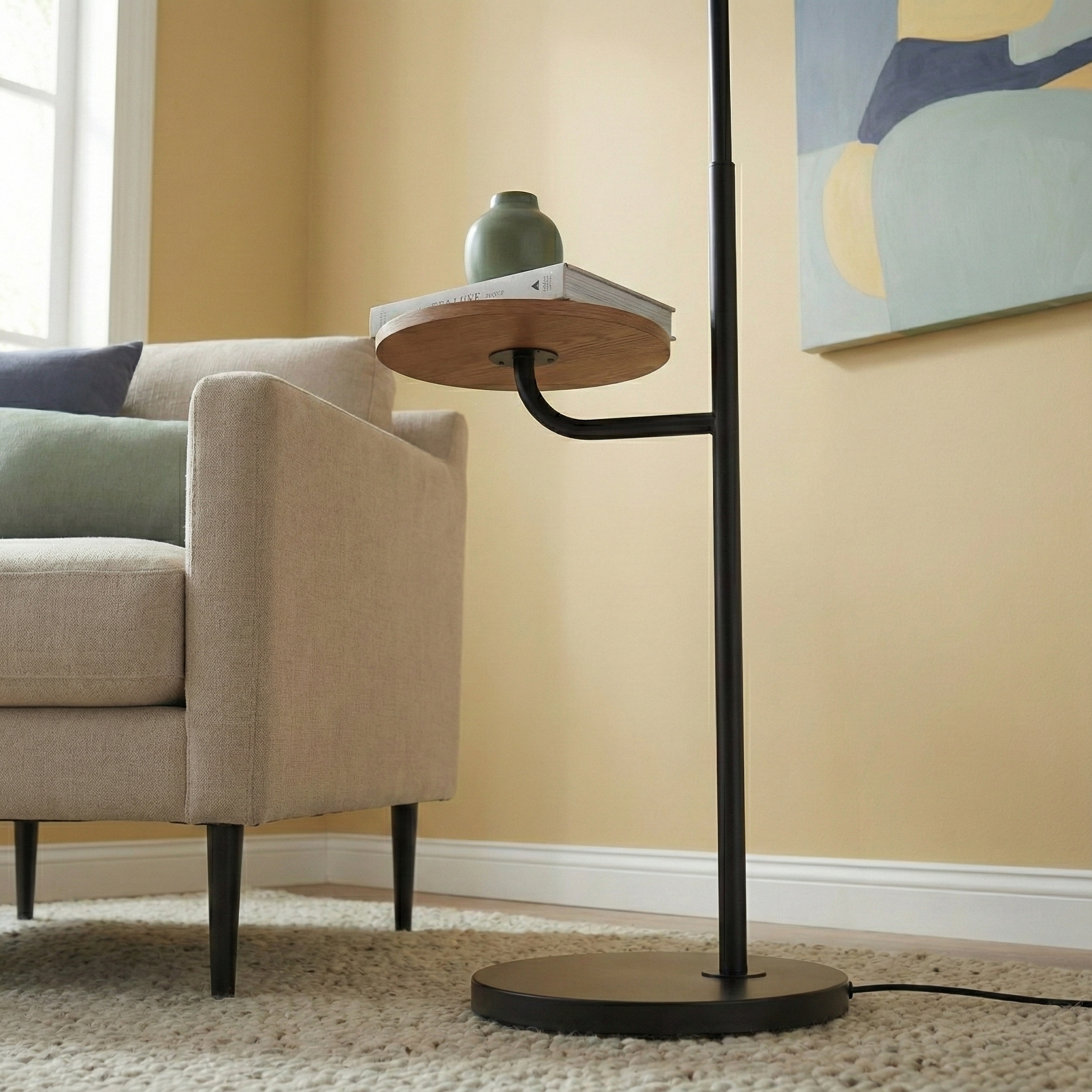 Seoul Black Floor Lamp with Integrated Wood Table and Rotary Switch | MidinMod