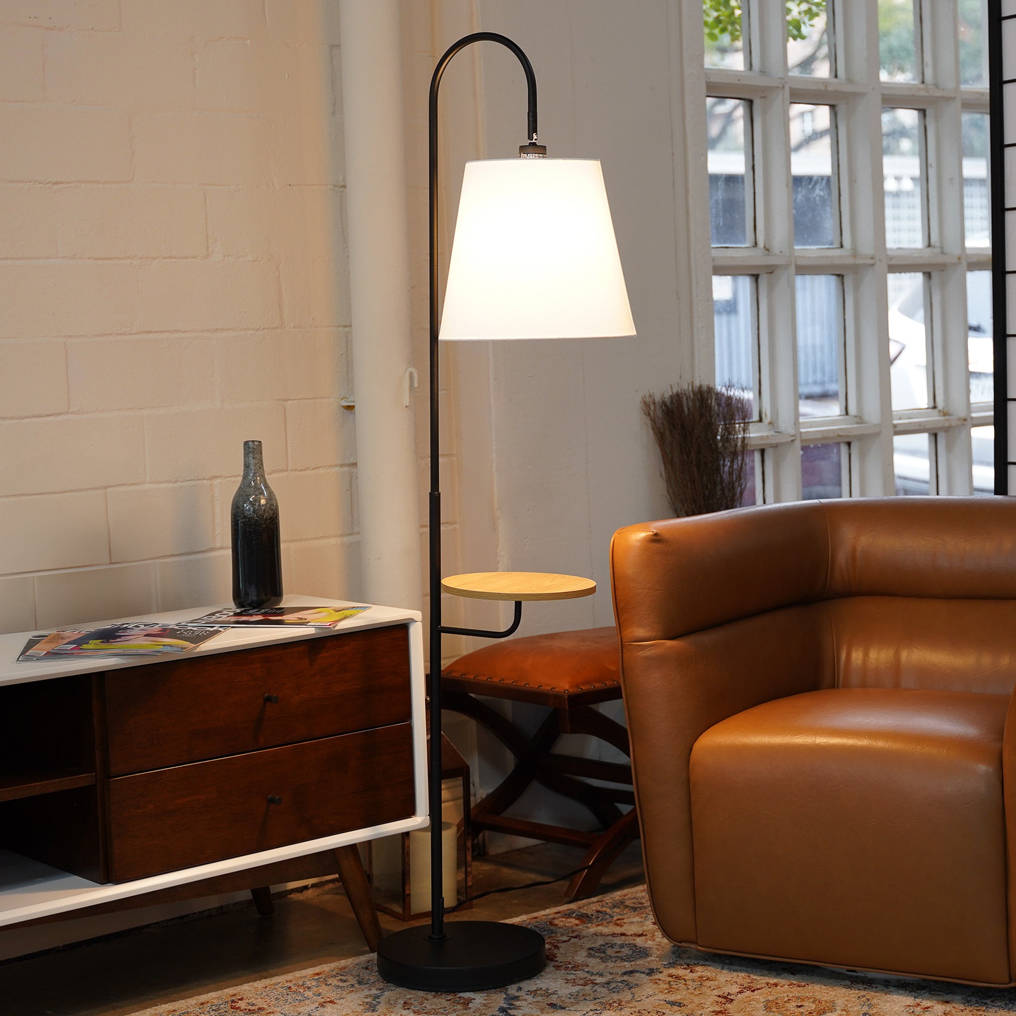 Seoul Black Floor Lamp with Rotary Switch Wood Table Metal Base