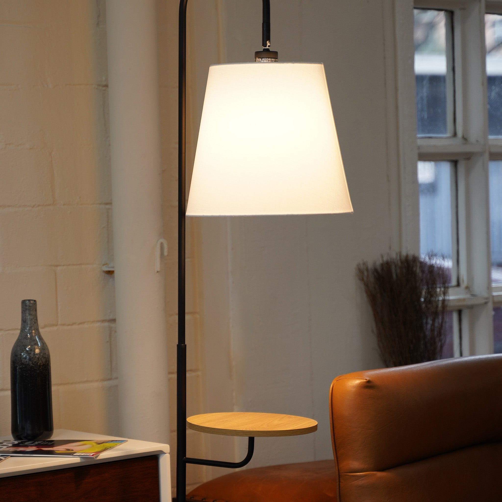 Seoul Black Floor Lamp with Rotary Switch Wood Table Metal Base