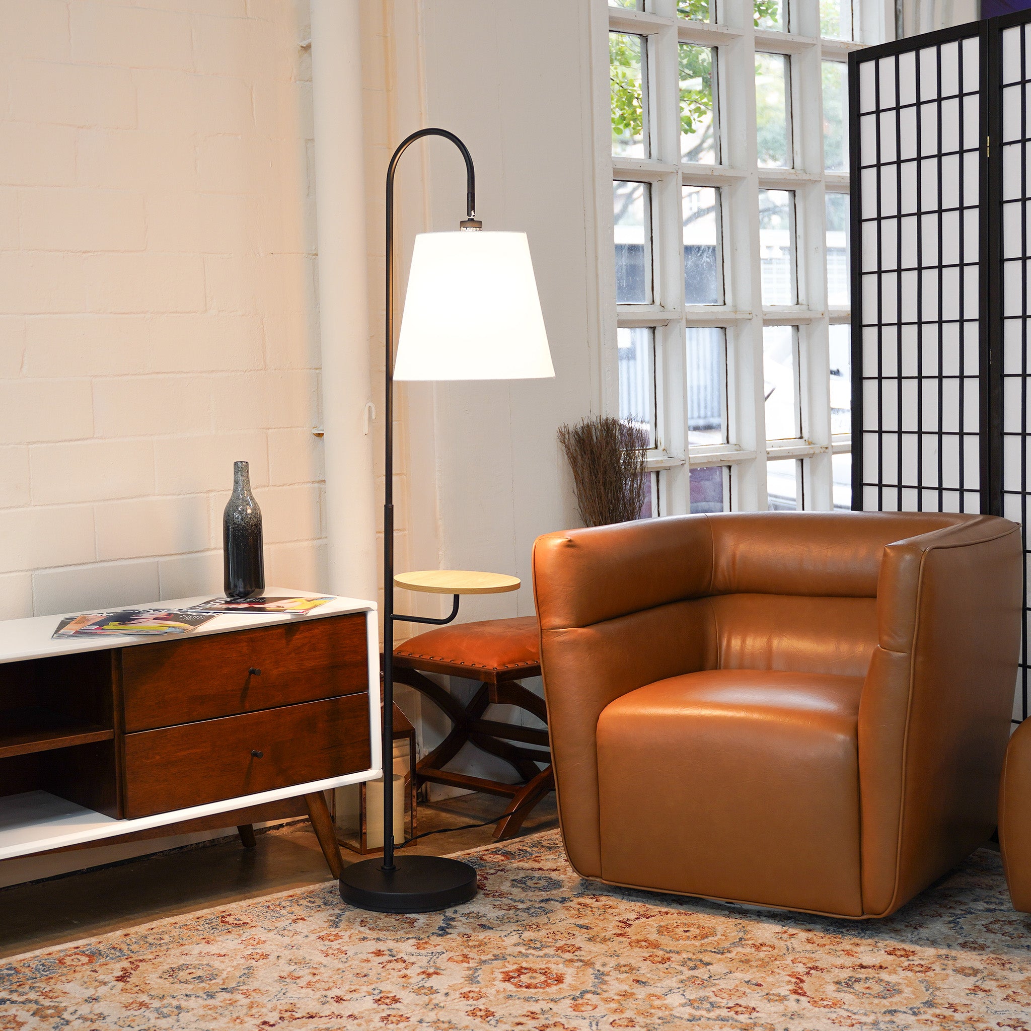 Seoul Black Floor Lamp with Rotary Switch Wood Table Metal Base