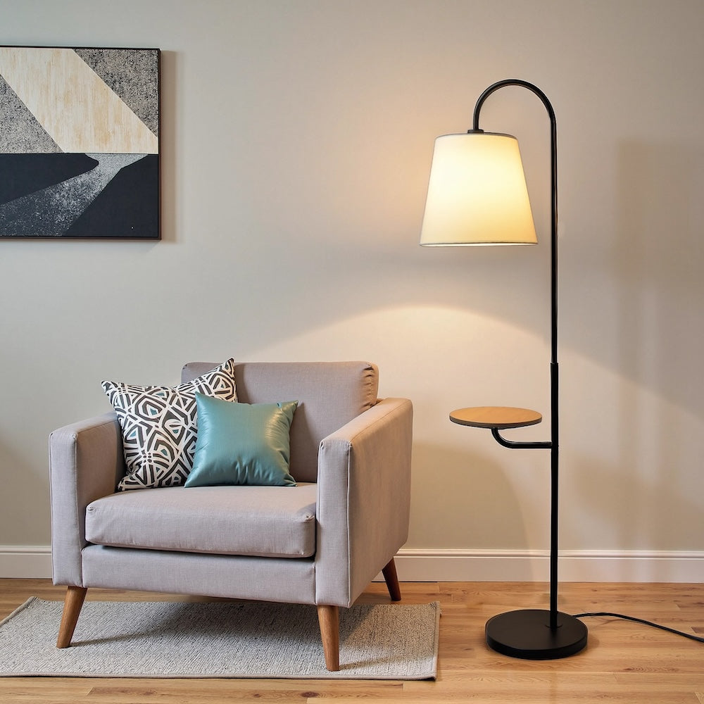 Seoul Black Floor Lamp with Rotary Switch Wood Table Metal Base