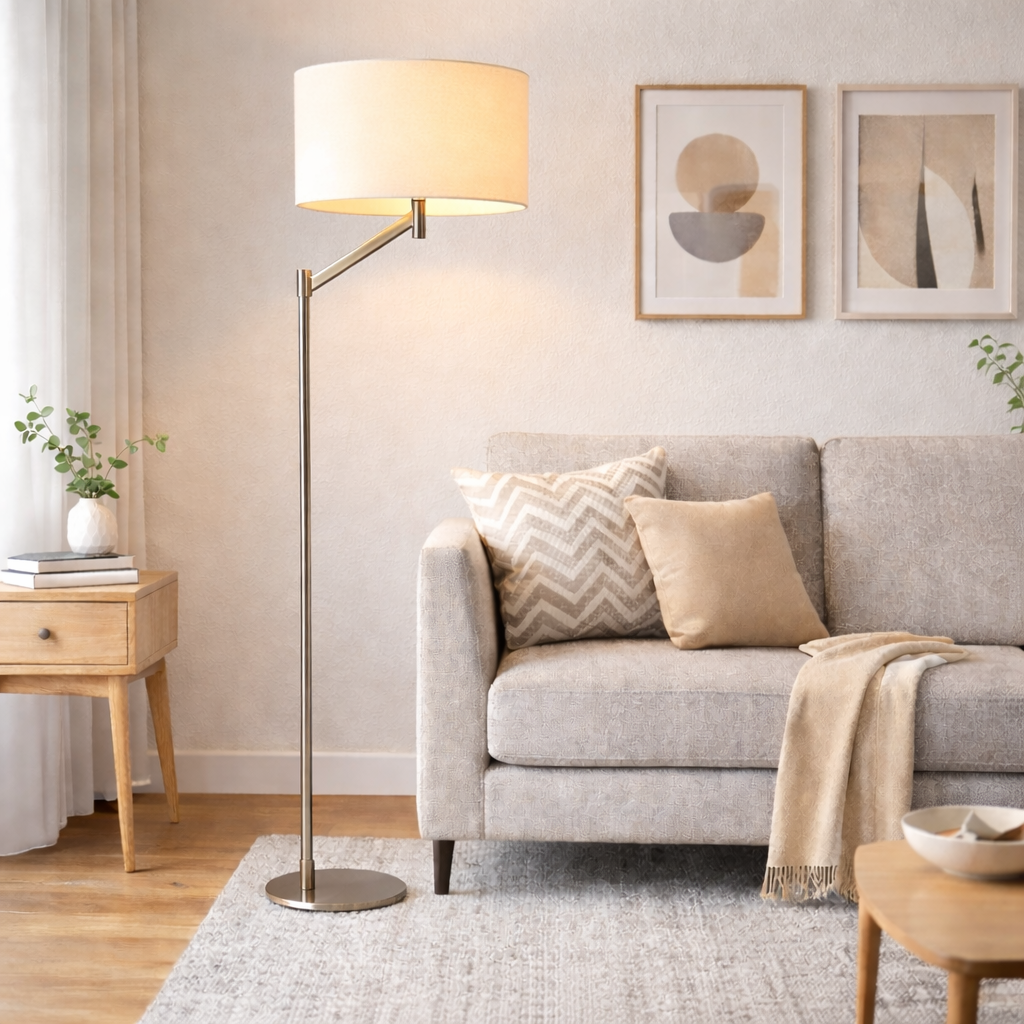 Serene Brushed Nickel Floor Lamp with White Fabric Shade and Rotary Switch | MidinMod