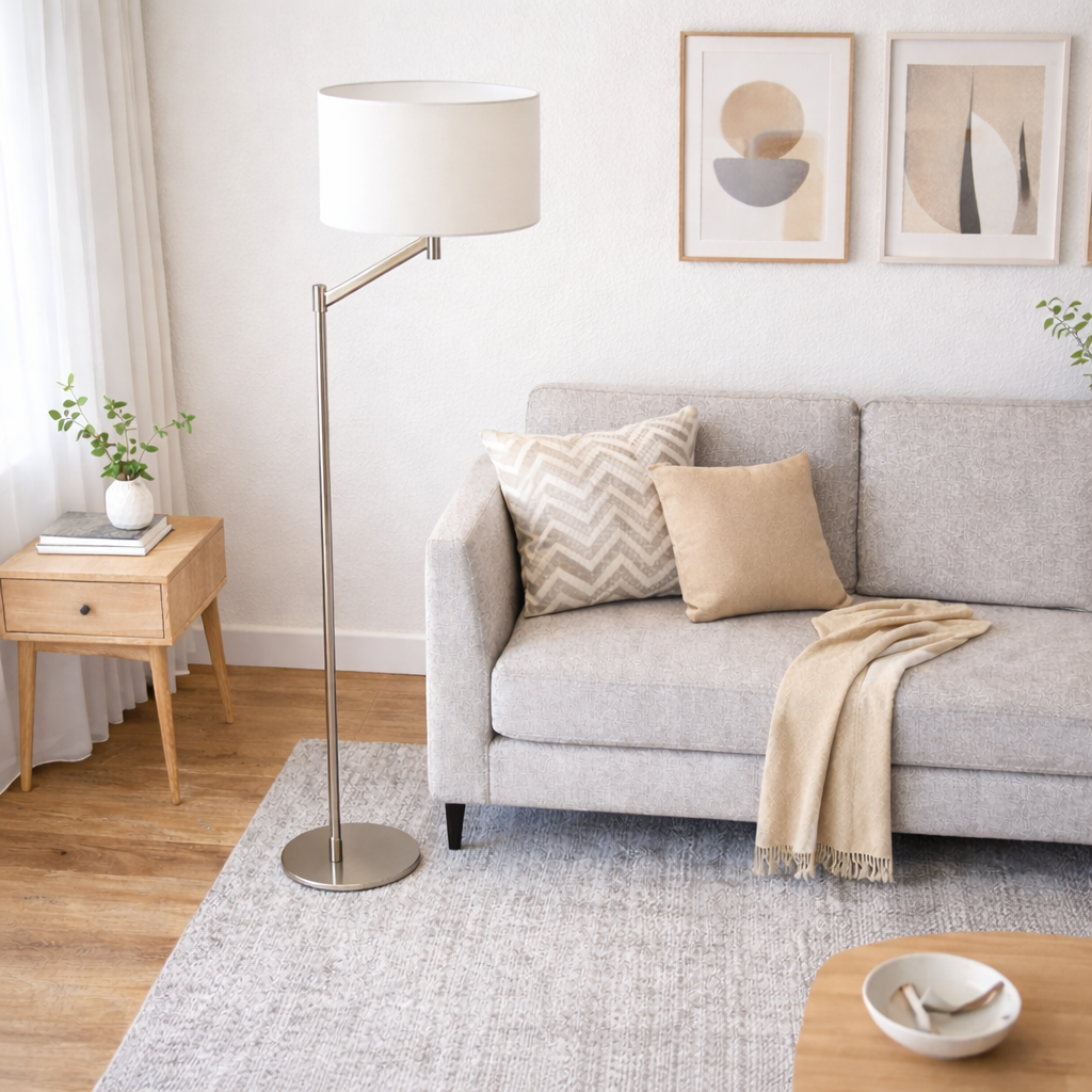 Serene Brushed Nickel Floor Lamp with White Fabric Shade and Rotary Switch | MidinMod