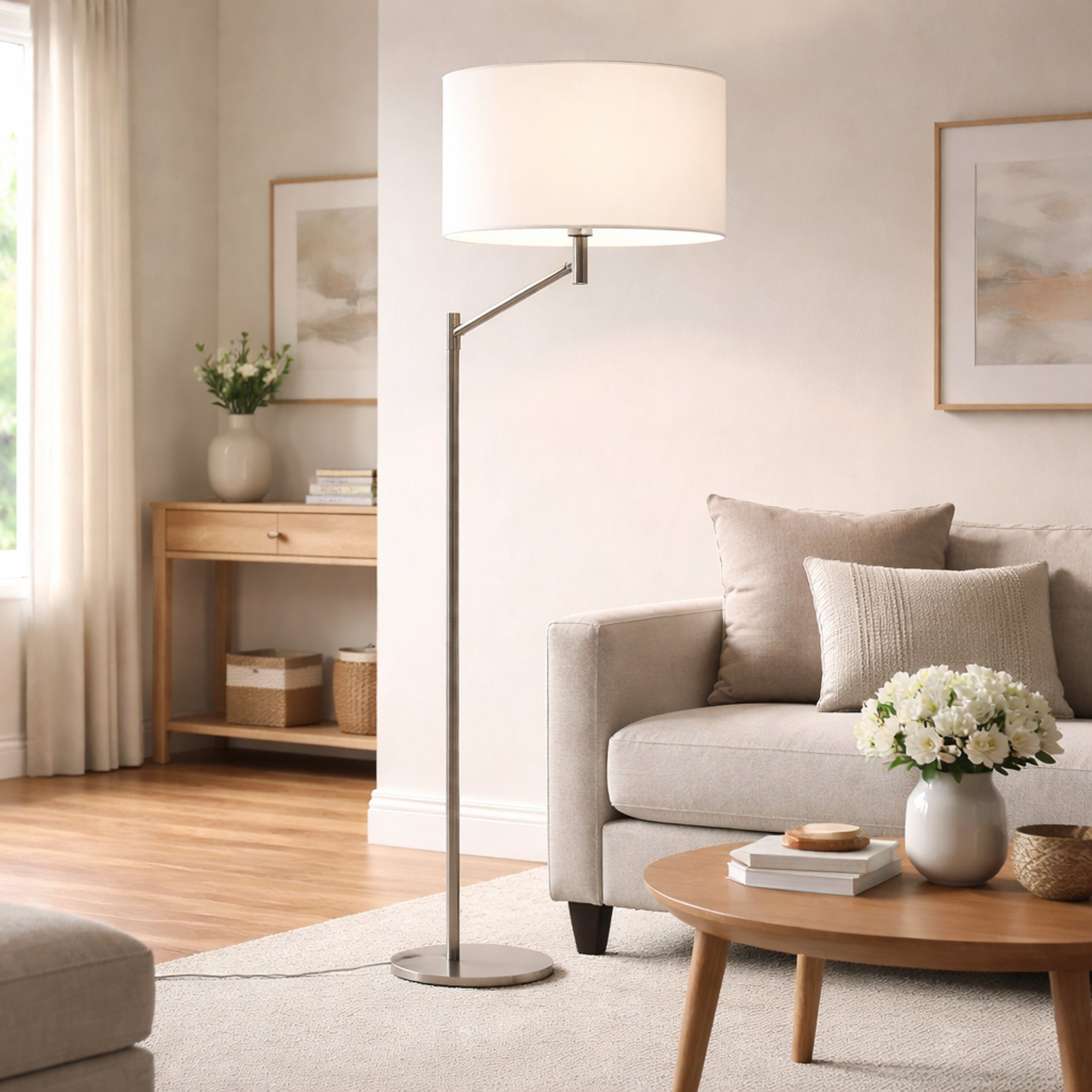 Serene Brushed Nickel Floor Lamp with White Fabric Shade and Rotary Switch | MidinMod