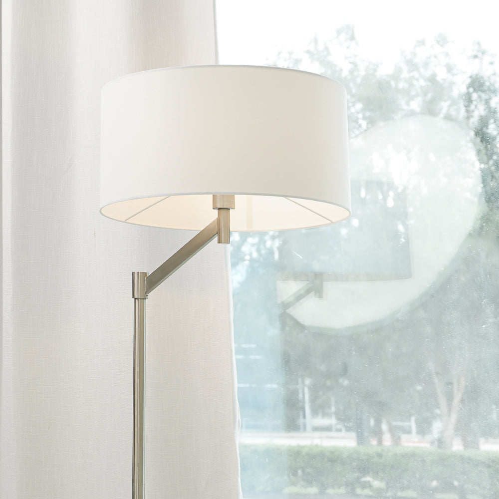 Serene Brushed Nickel Floor Lamp with Rotary Switch Metal Base White Linen Shade