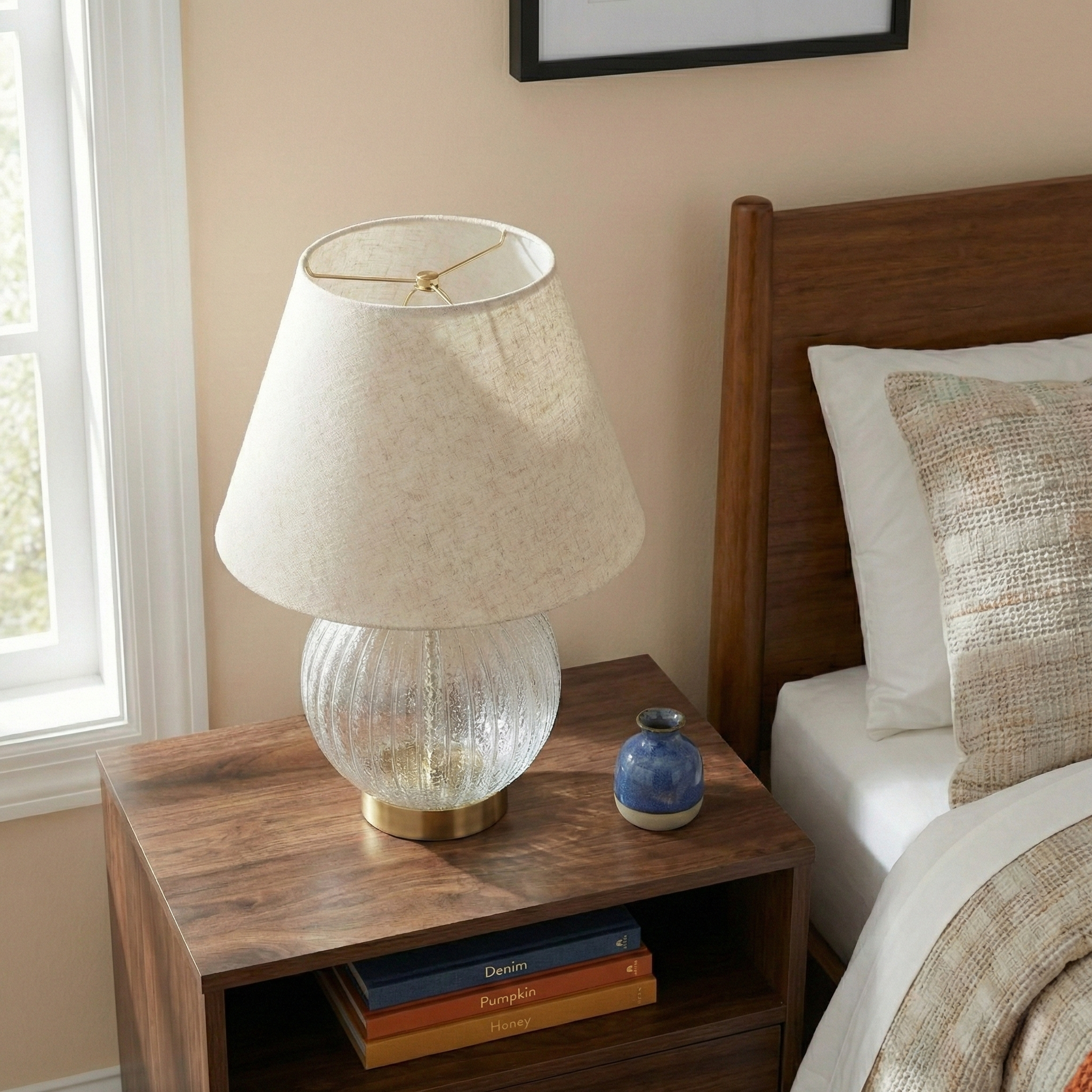 Serenity Round Ribbed Glass Table Lamp with Large Linen Shade | MidinMod