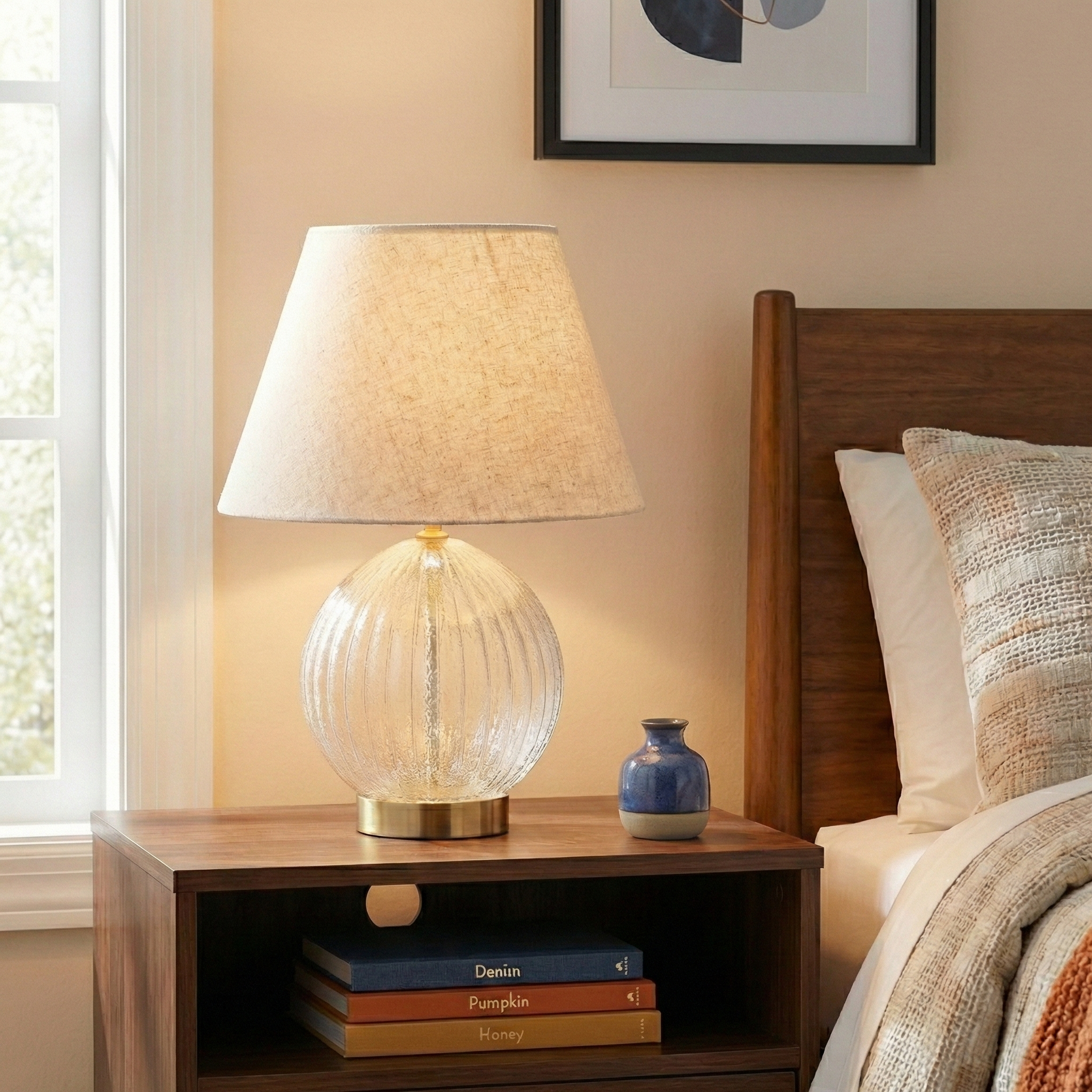 Serenity Round Ribbed Glass Table Lamp with Large Linen Shade | MidinMod