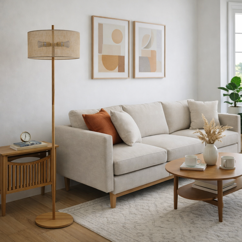 Shimmer Oak and Natural Floor Lamp with Paper Rattan Weave Shade | MidinMod