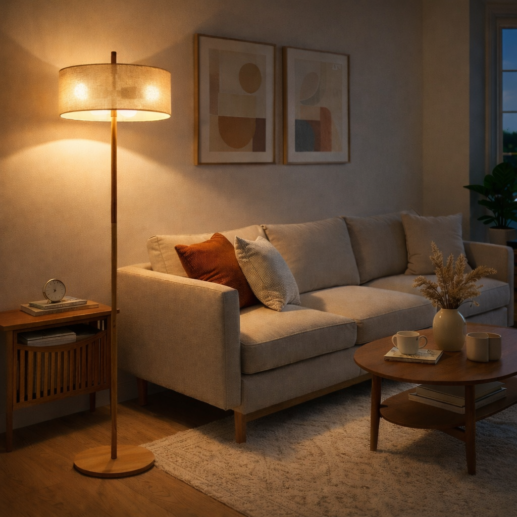 Shimmer Oak and Natural Floor Lamp with Paper Rattan Weave Shade | MidinMod