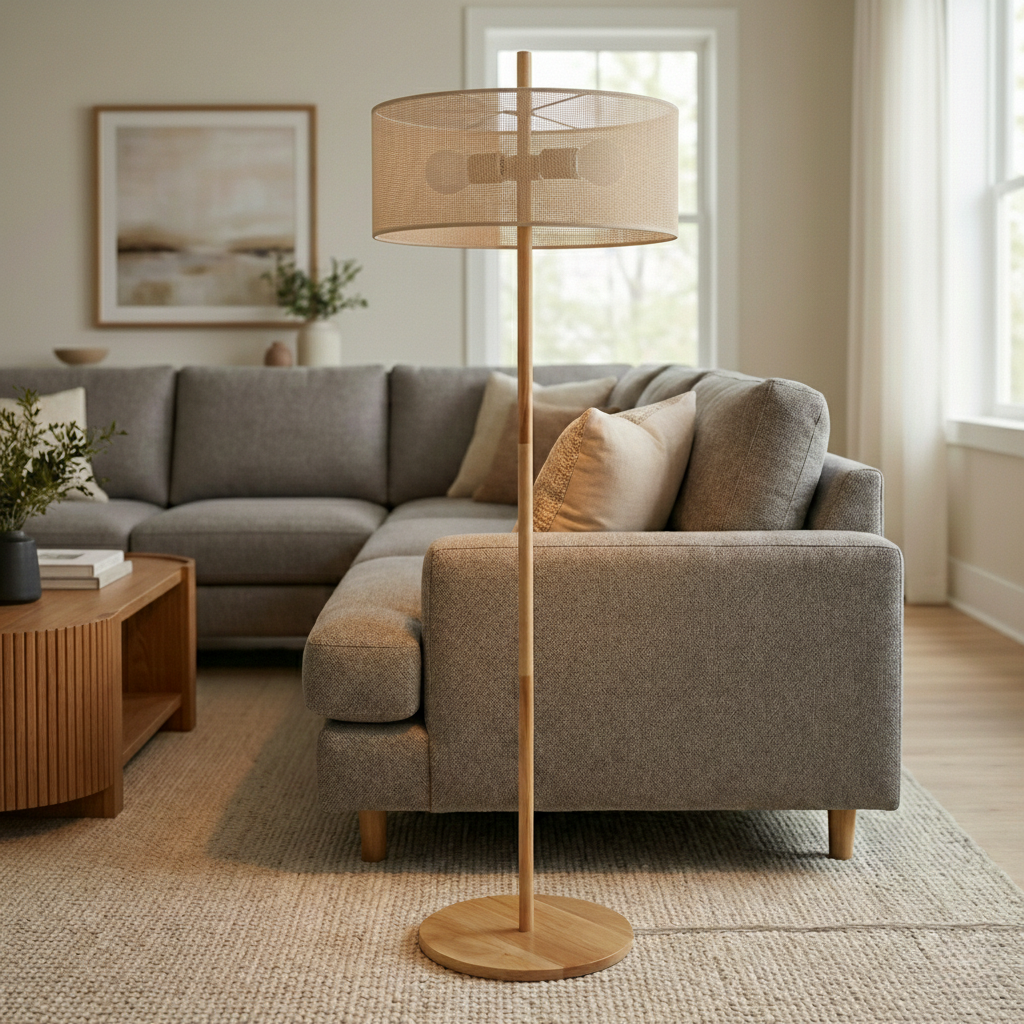 Shimmer Oak and Natural Floor Lamp with Paper Rattan Weave Shade | MidinMod
