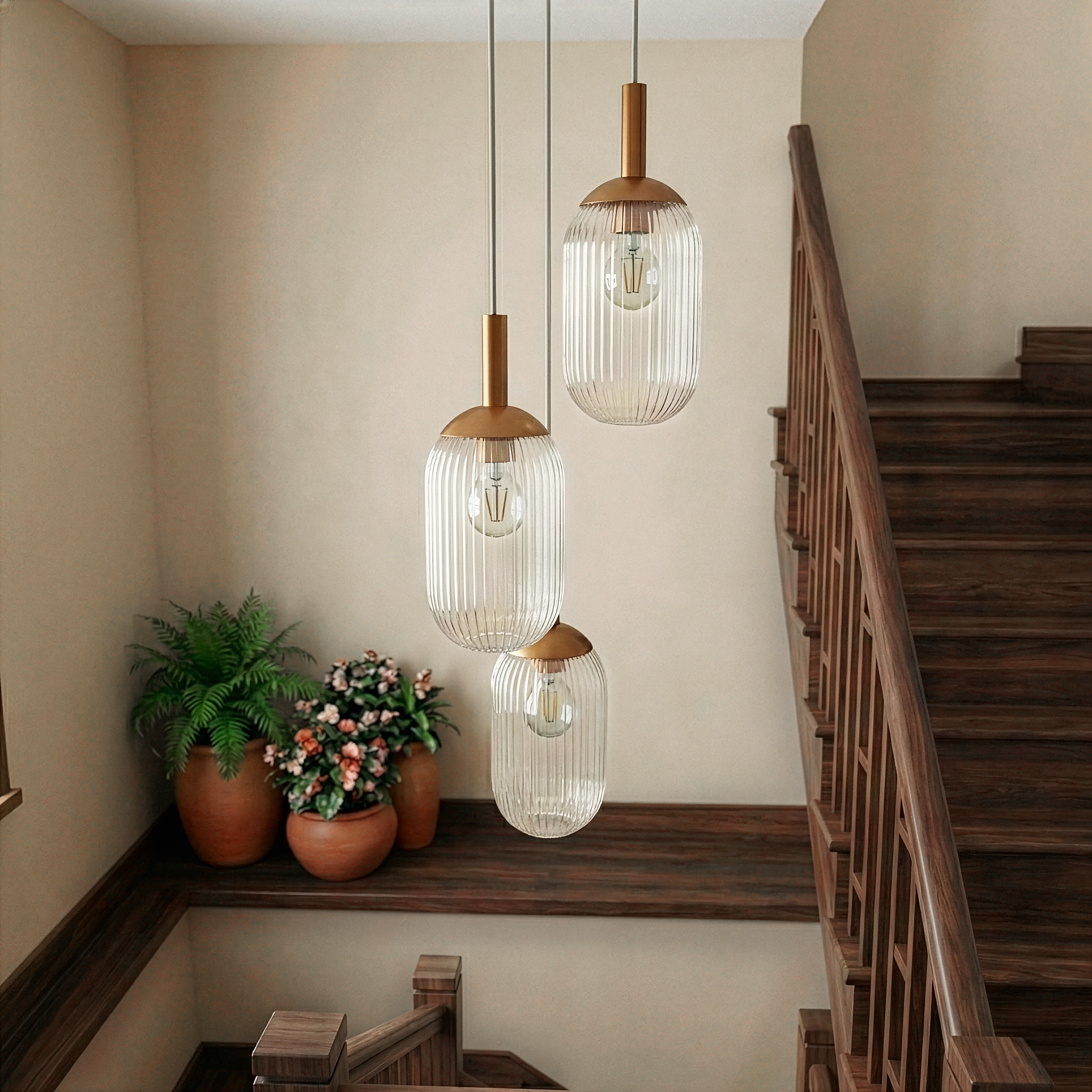 Solace 3-Light Pendant Lamp | Bronze and Clear Ribbed Glass | MidinMod
