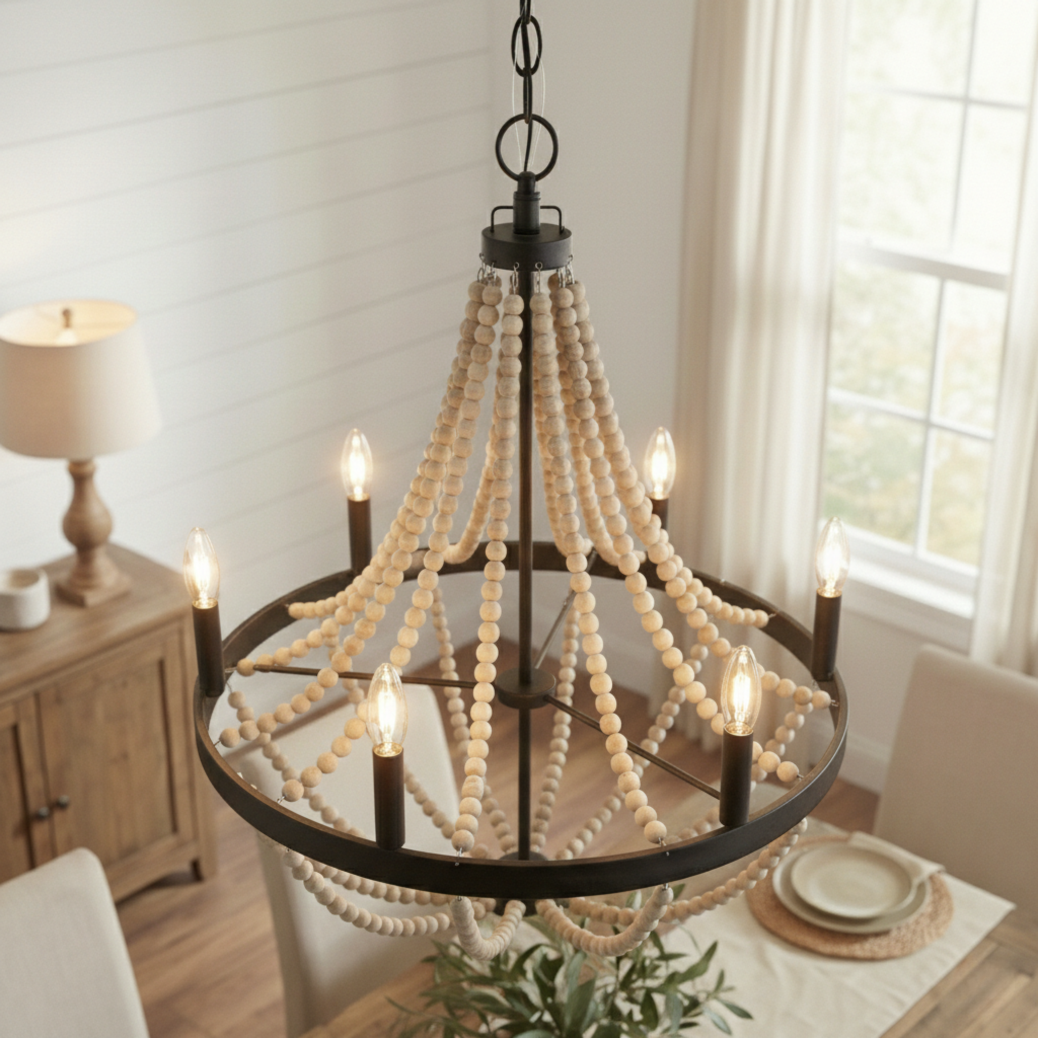 Starry 6-Light Wood Beaded Chandelier | Farmhouse Black Pendant | MidinMod
