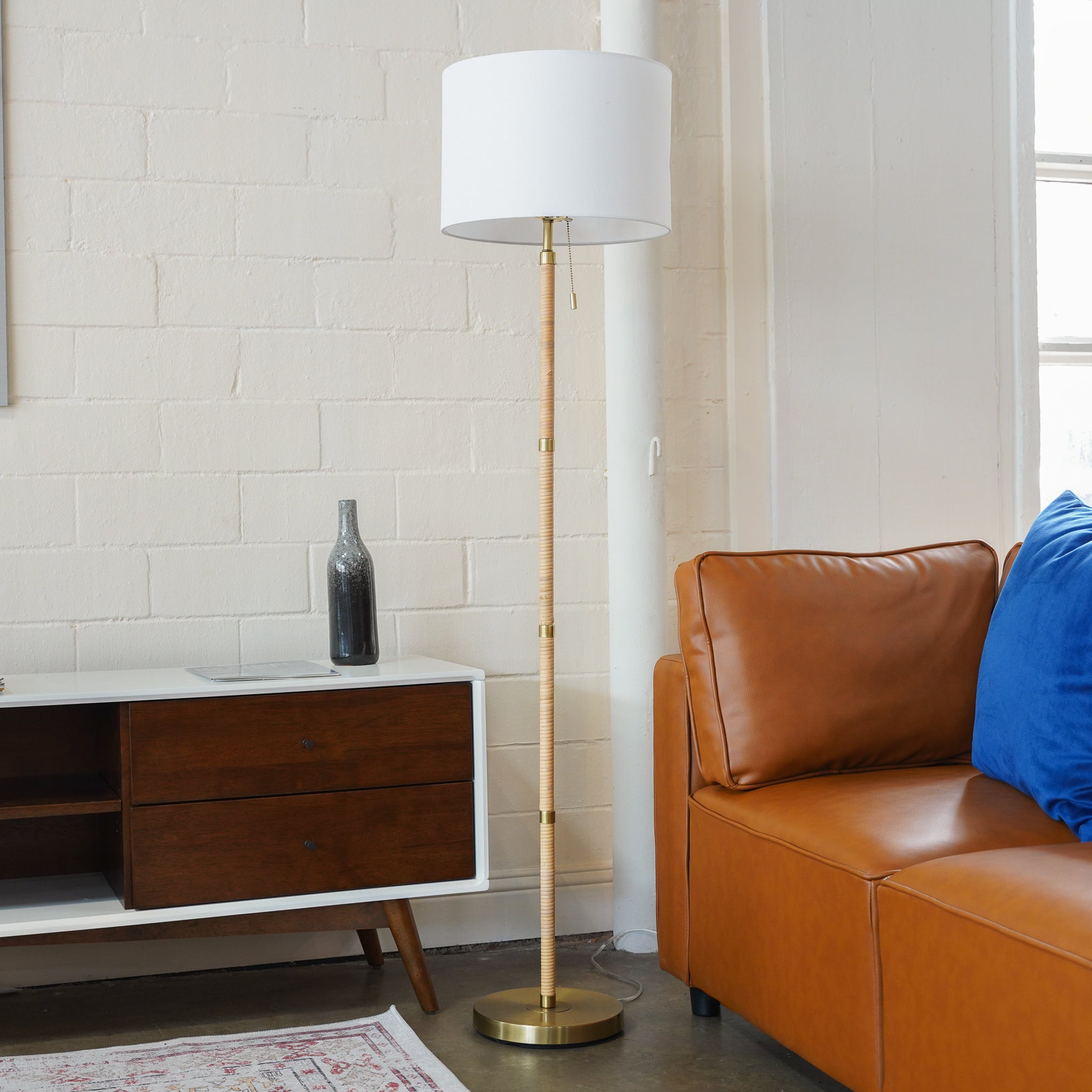 Stellar Wood Rattan Tube , Gold Brass Metal and White Linen Shade Floor Lamp