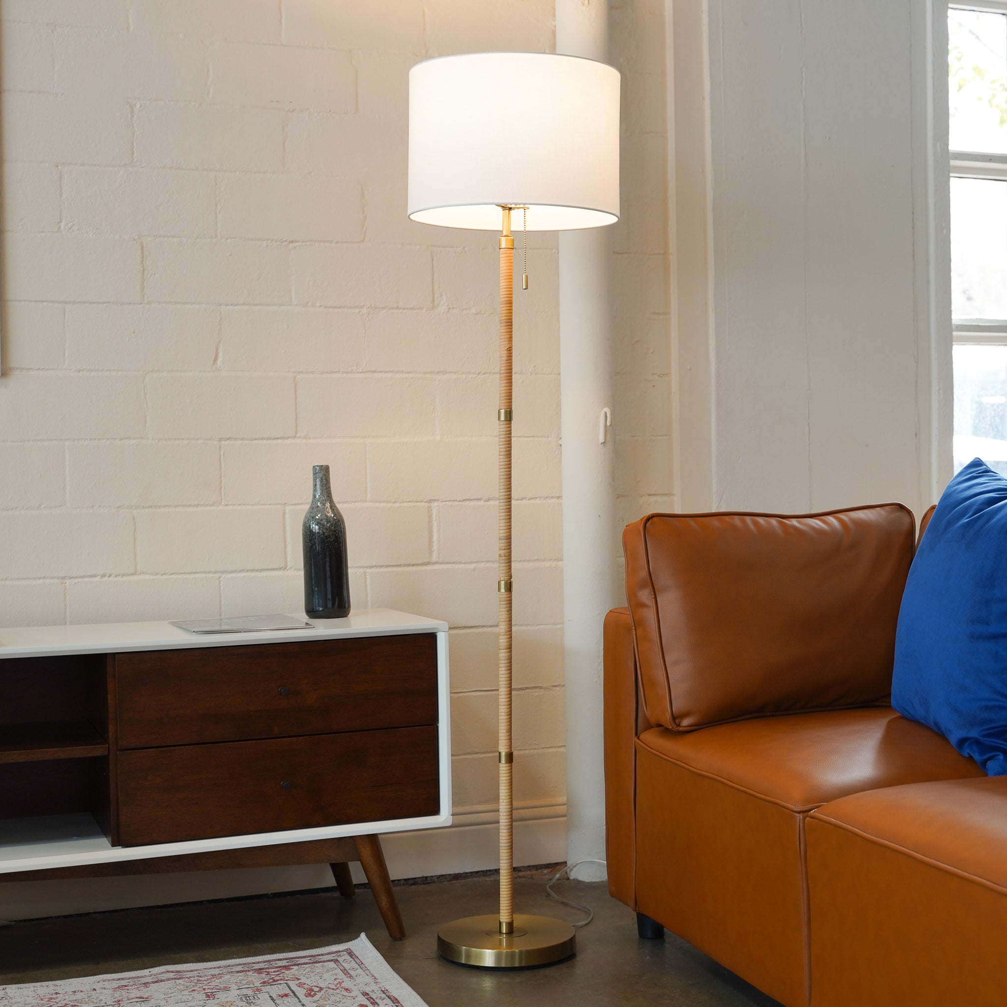 Stellar Wood Rattan Tube , Gold Brass Metal and White Linen Shade Floor Lamp