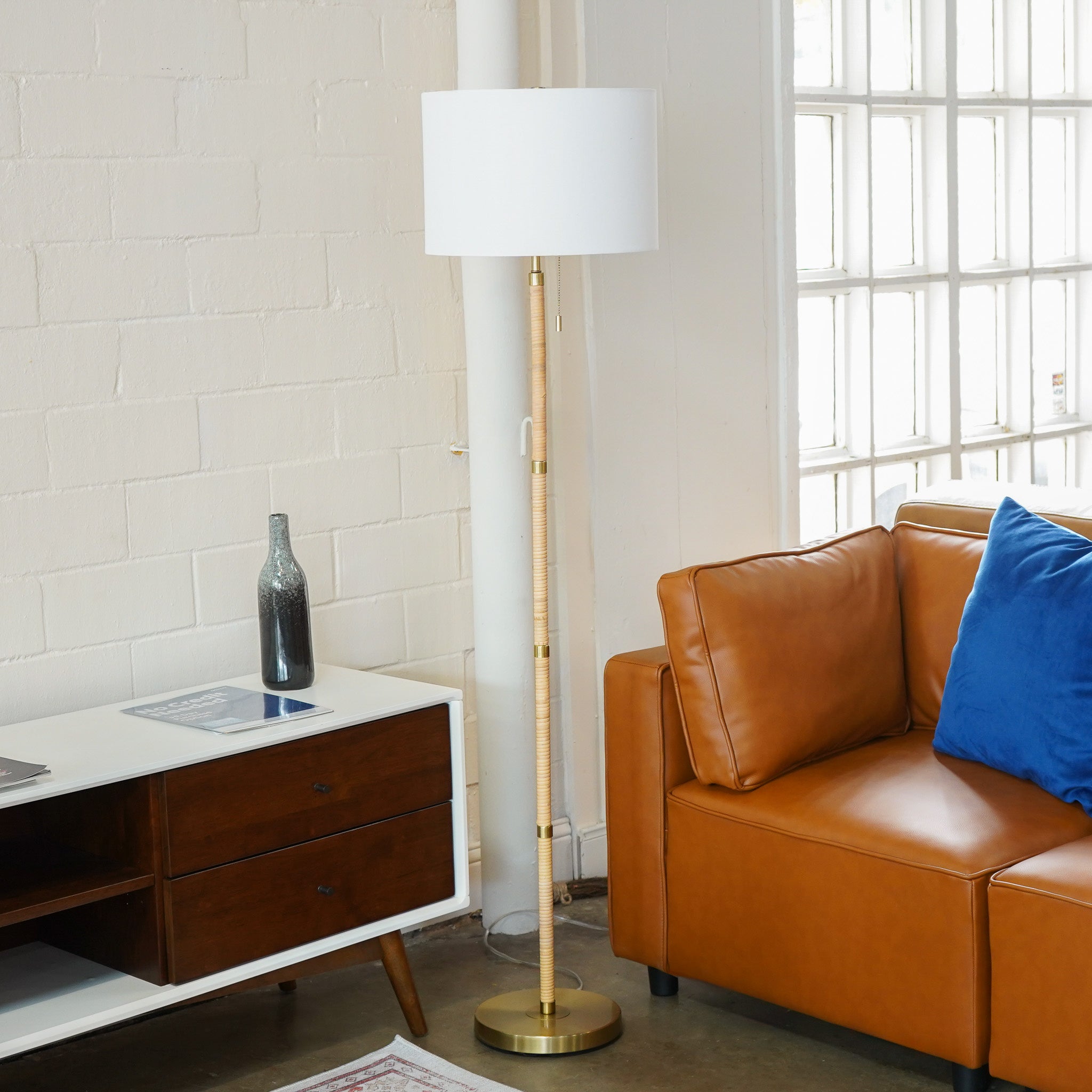 Stellar Wood Rattan Tube , Gold Brass Metal and White Linen Shade Floor Lamp