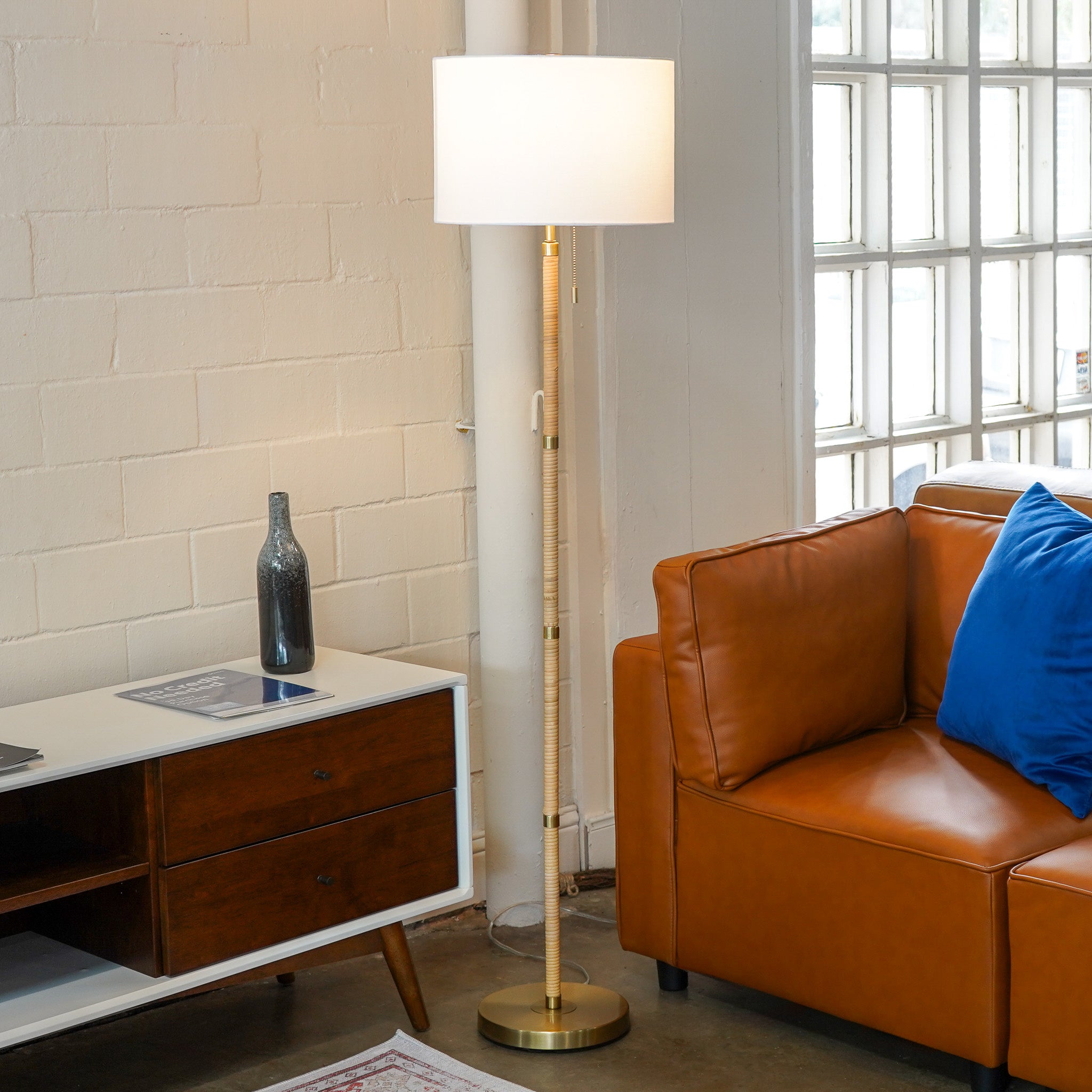Stellar Wood Rattan Tube , Gold Brass Metal and White Linen Shade Floor Lamp