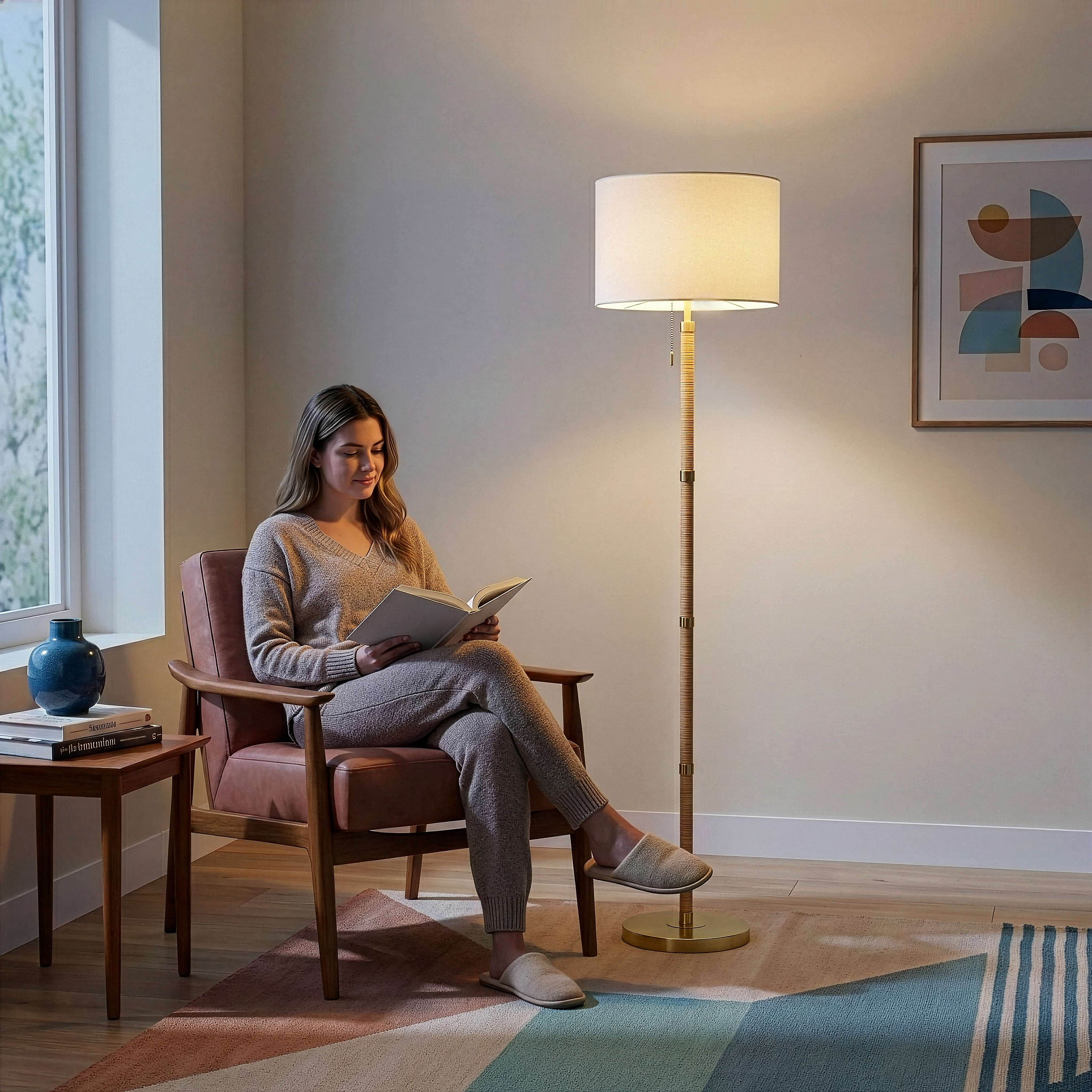 Stellar Wood and Rattan Floor Lamp with Gold Brass Base and White Linen Shade | MidinMod
