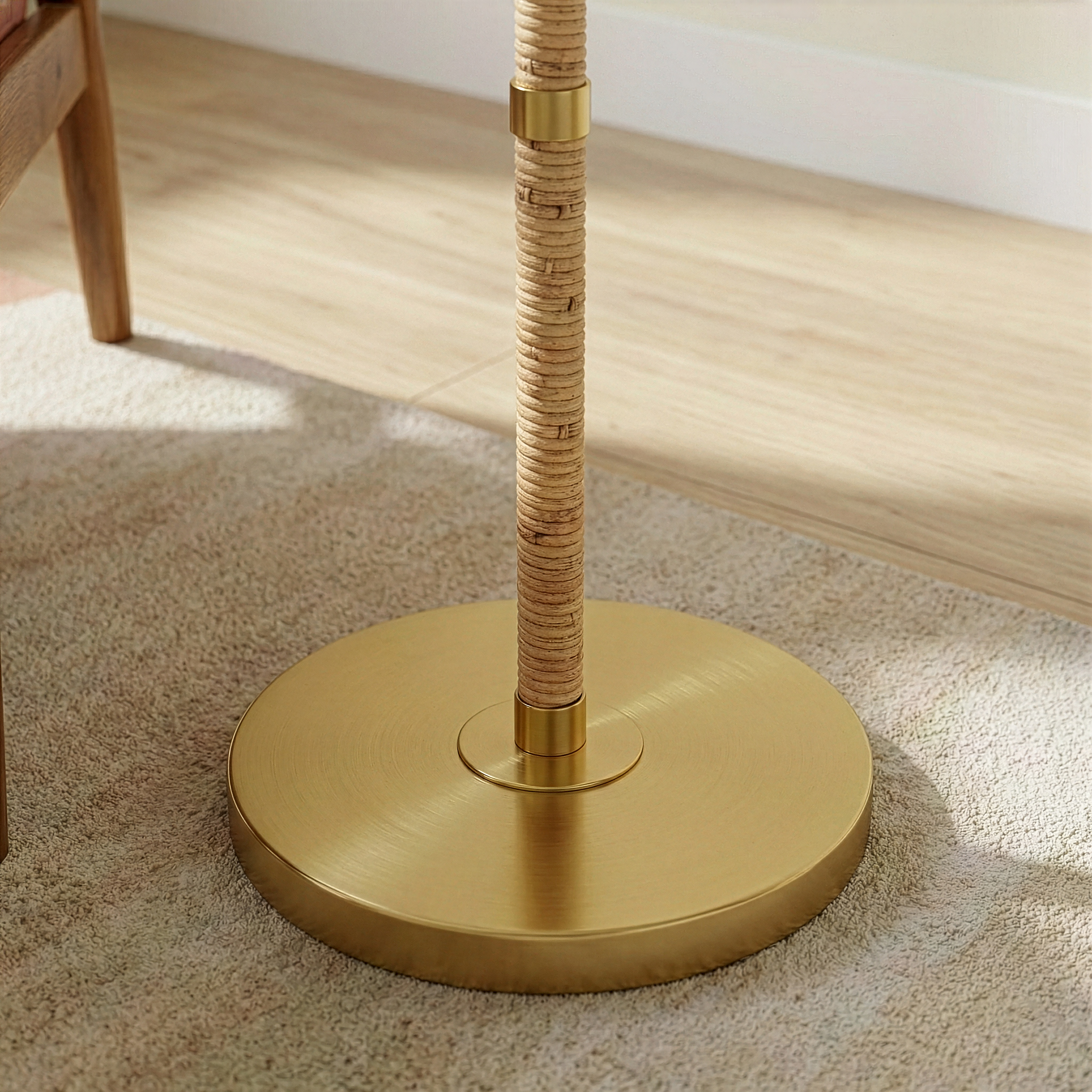 Stellar Wood and Rattan Floor Lamp with Gold Brass Base and White Linen Shade | MidinMod