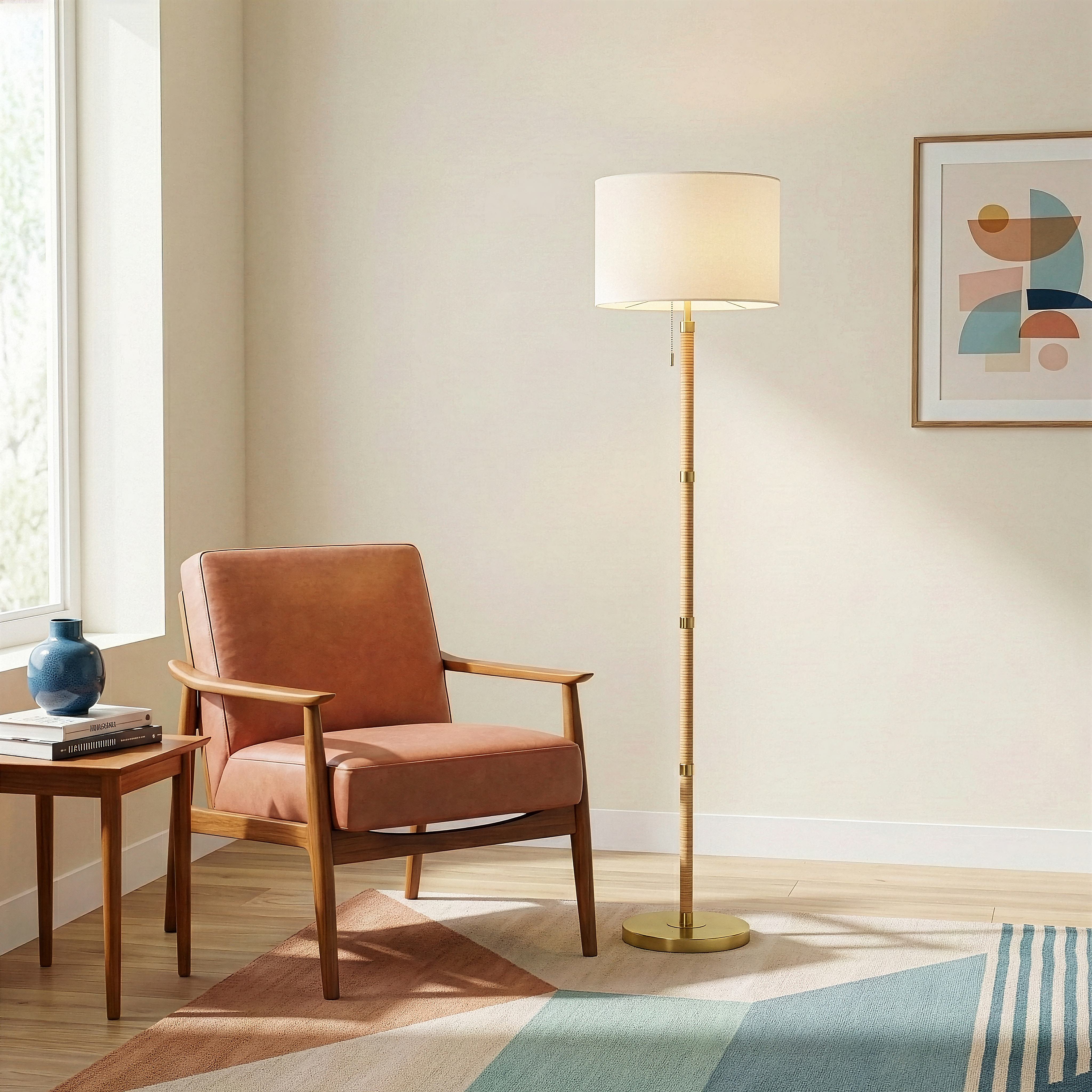 Stellar Wood and Rattan Floor Lamp with Gold Brass Base and White Linen Shade | MidinMod