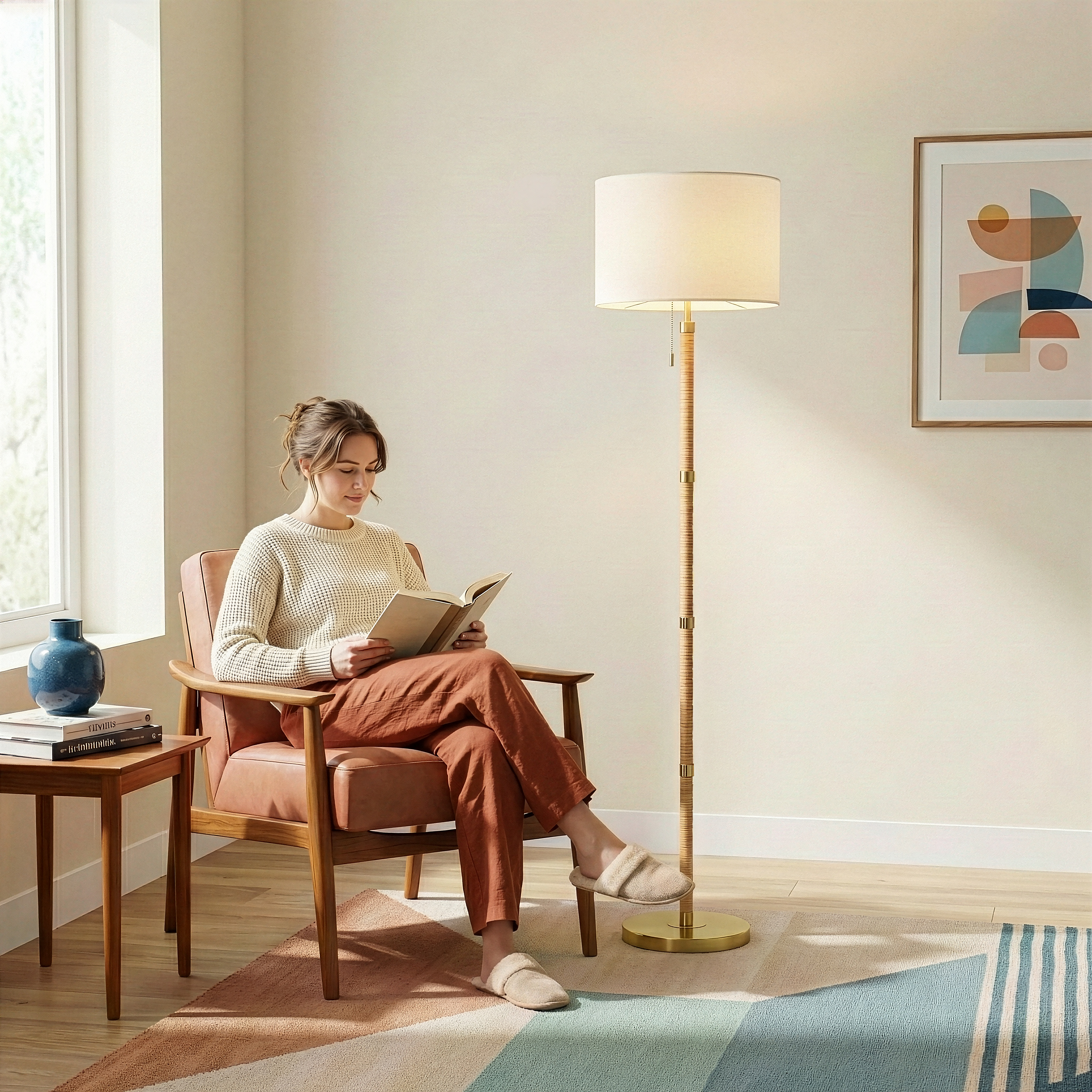 Stellar Wood and Rattan Floor Lamp with Gold Brass Base and White Linen Shade | MidinMod