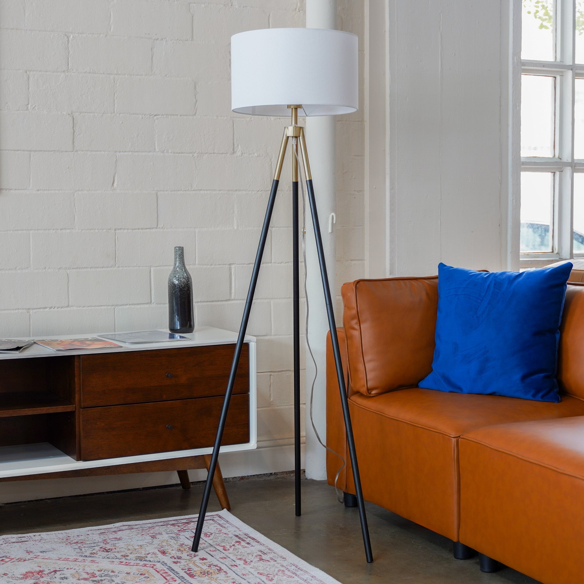 Sway Brassed Gold Floor Lamp with On/Off Switch Triple Legs White Fabric Shade