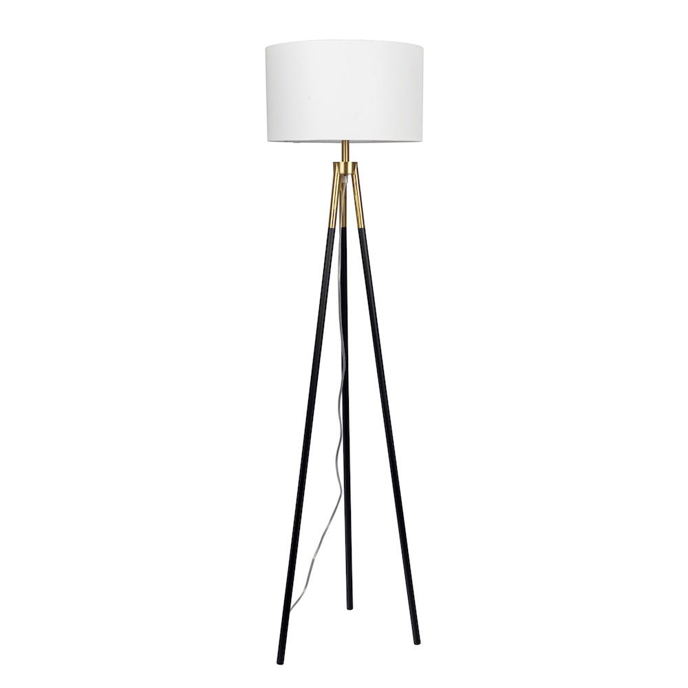 Sway Brassed Gold Floor Lamp with On/Off Switch Triple Legs White Fabric Shade