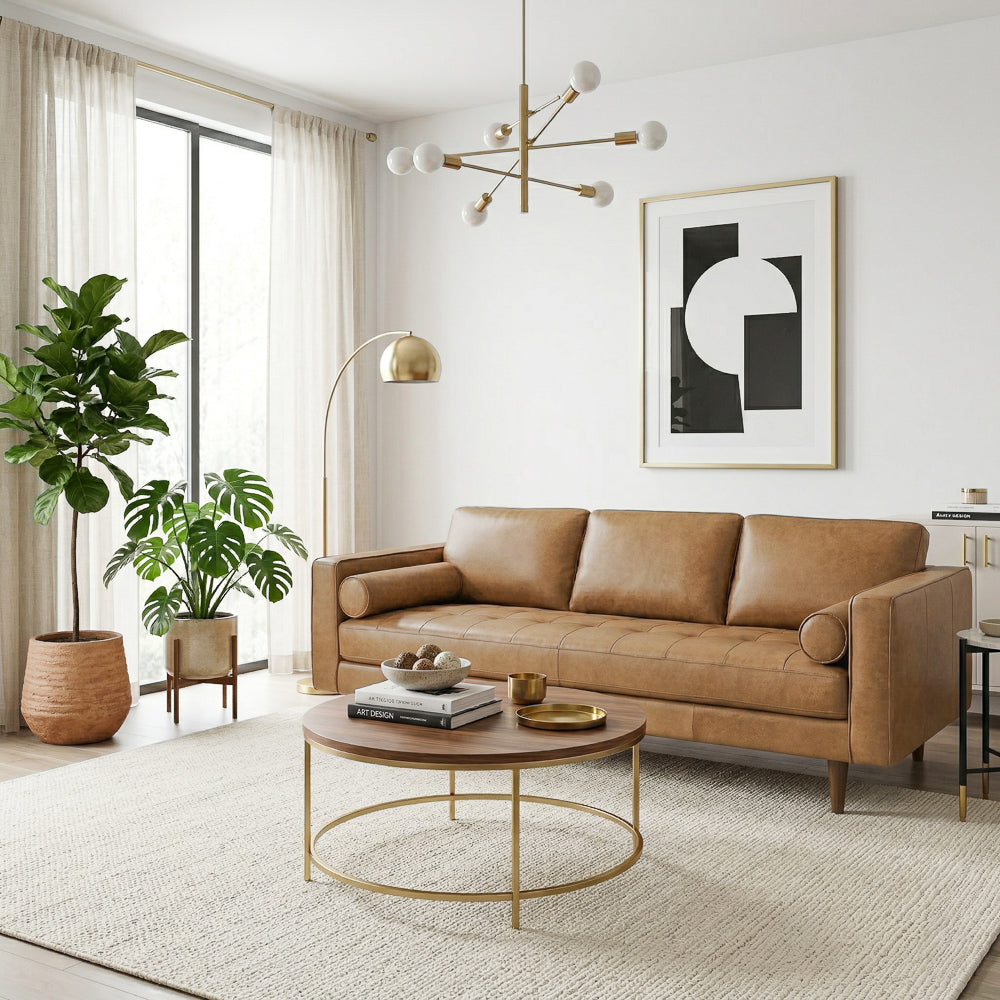 Tessa Mid-Century Modern Genuine Tan Leather Sofa | Italian Craftsmanship | MidinMod