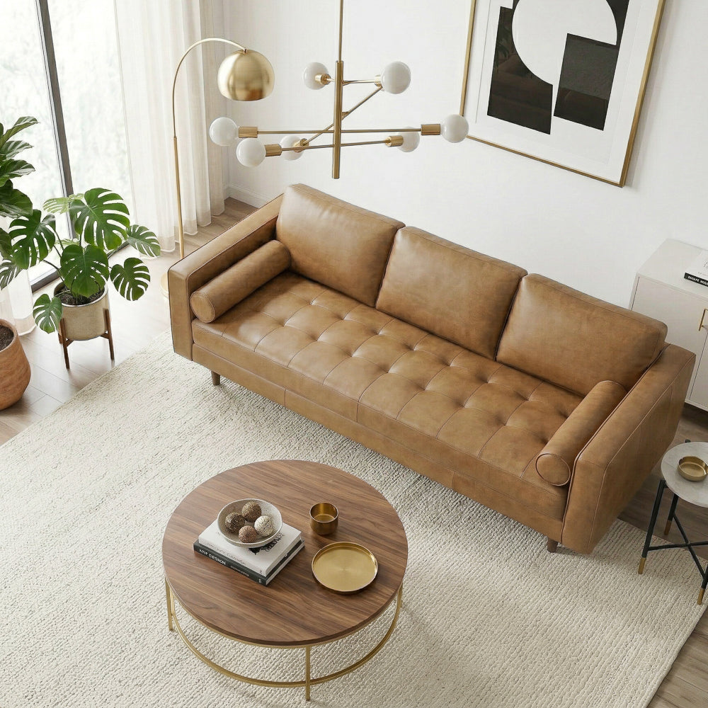 Tessa Mid-Century Modern Genuine Tan Leather Sofa | Italian Craftsmanship | MidinMod