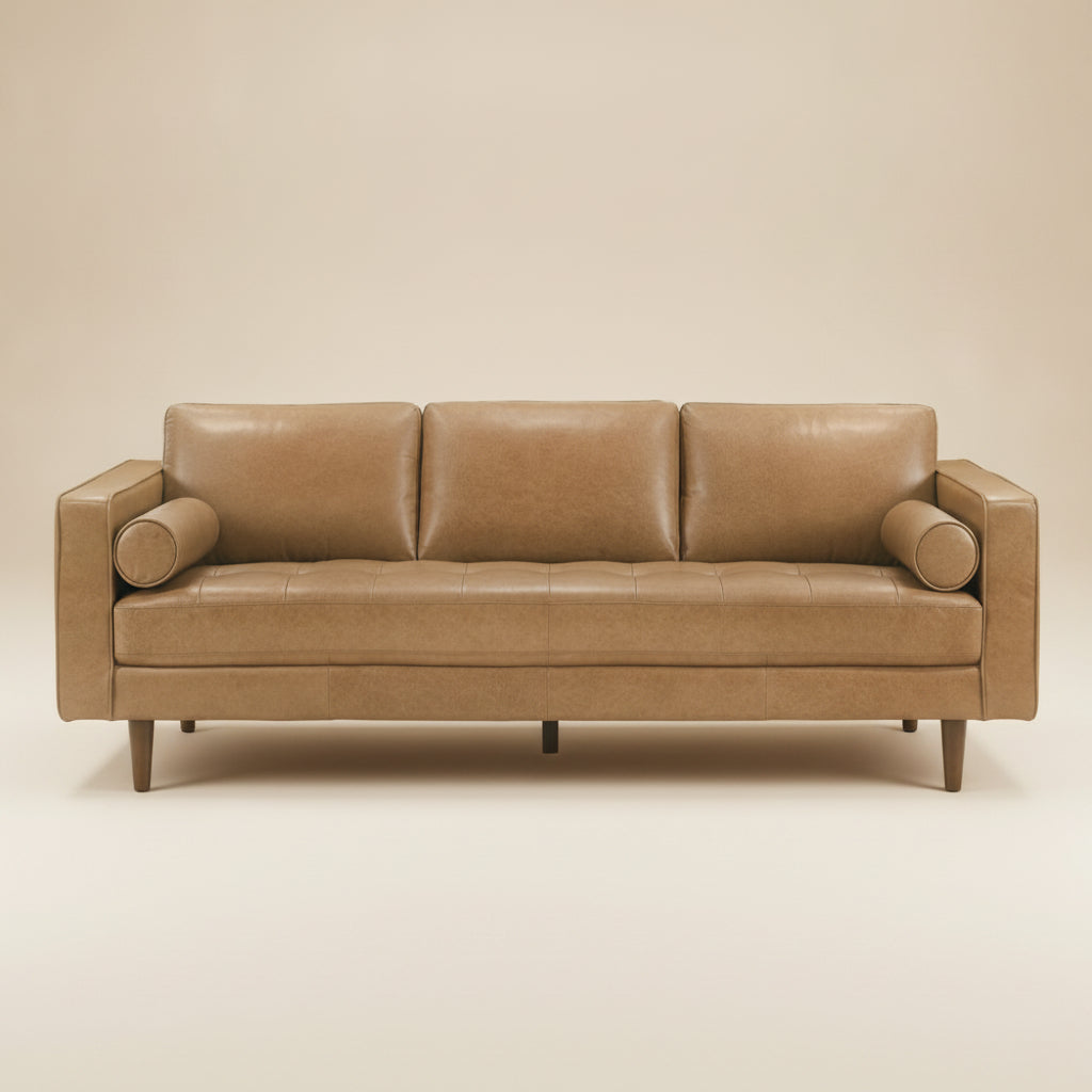 Tessa Mid-Century Modern Genuine Tan Leather Sofa | Italian Craftsmanship | MidinMod