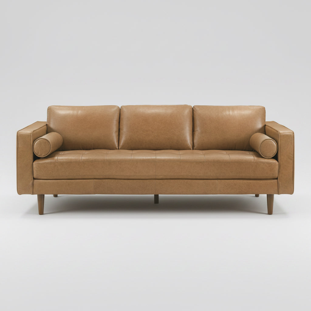 Isolated front view of Tessa tan leather sofa on white background with three back cushions and cylindrical bolsters