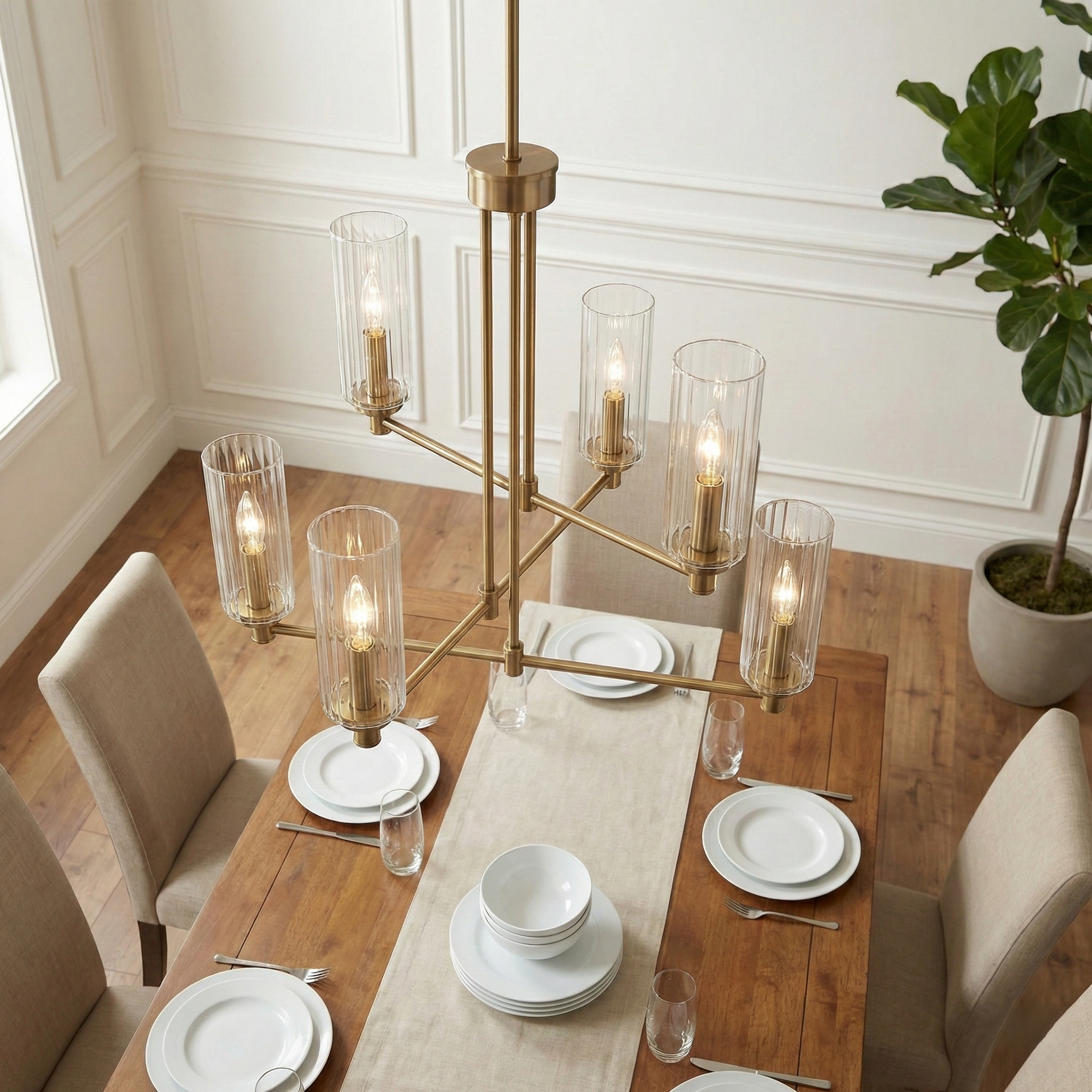 Timeless Six Lights Chandelier | Satin Brass & Clear Ribbed Glass | MidinMod