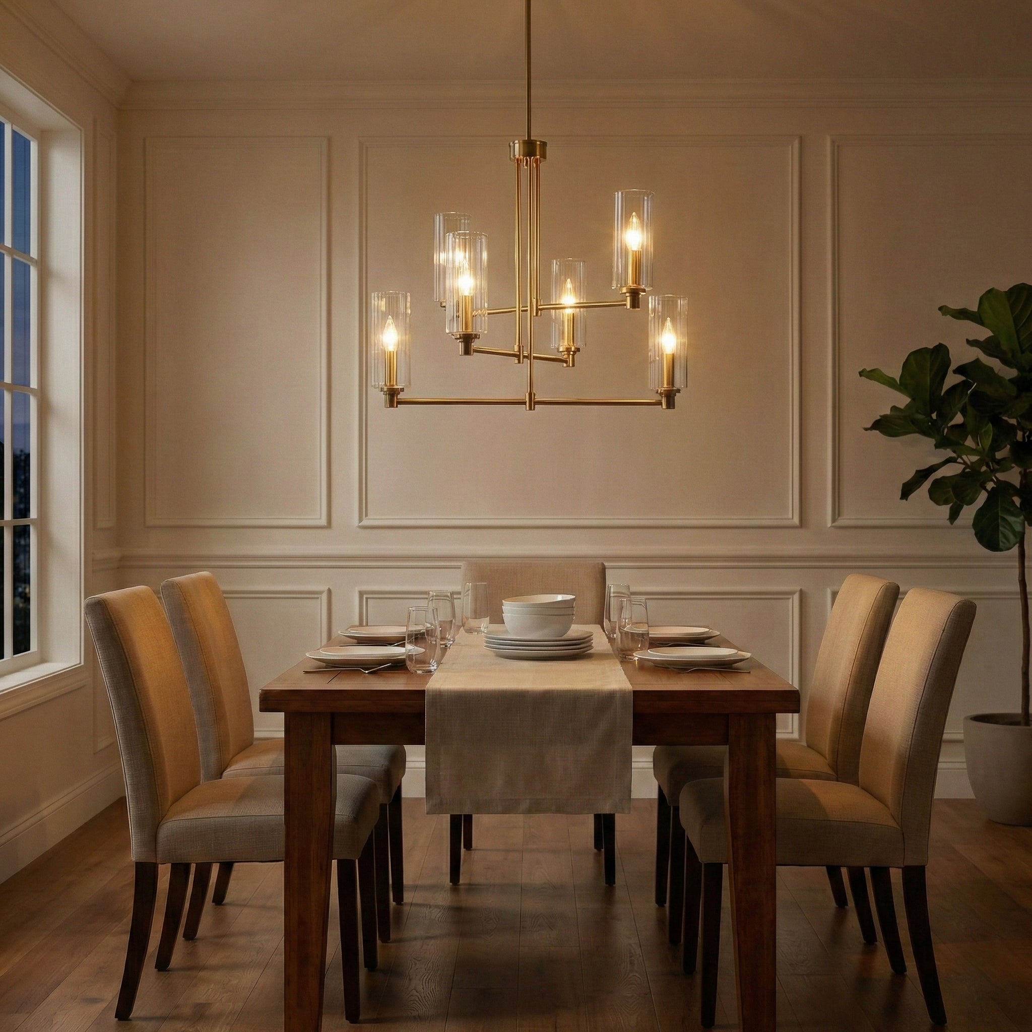 Timeless Six Lights Chandelier | Satin Brass & Clear Ribbed Glass | MidinMod