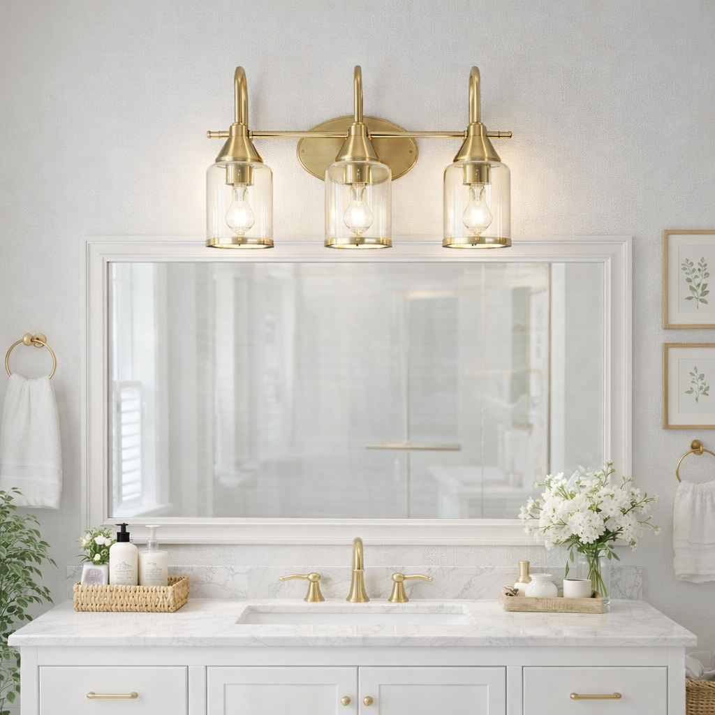 Twilight Vanity Light | Brushed Gold & Three-Light Clear Glass Design | MidinMod
