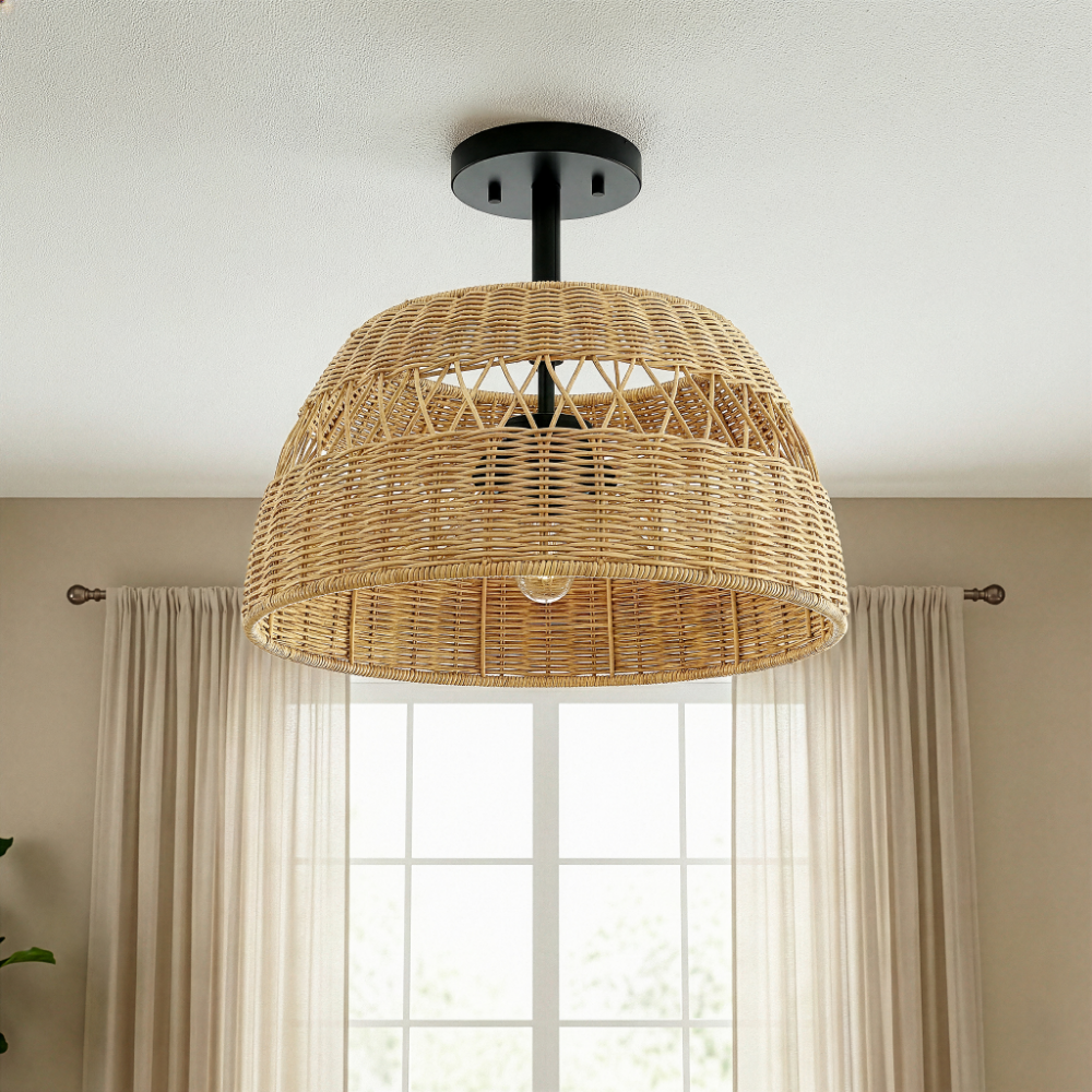 Twinkle 2-Light Semi Flush Mount with Rattan Shade and Black Metal | MidinMod