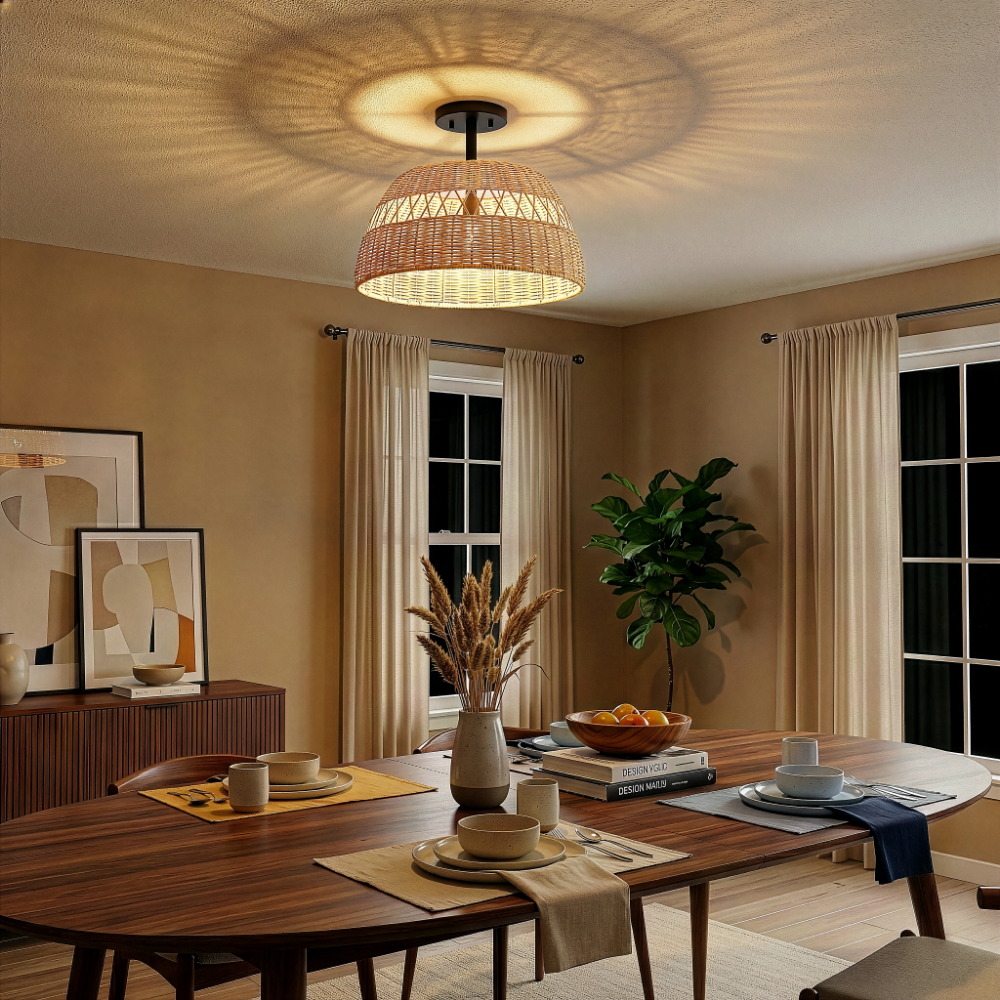 Twinkle 2-Light Semi Flush Mount with Rattan Shade and Black Metal | MidinMod