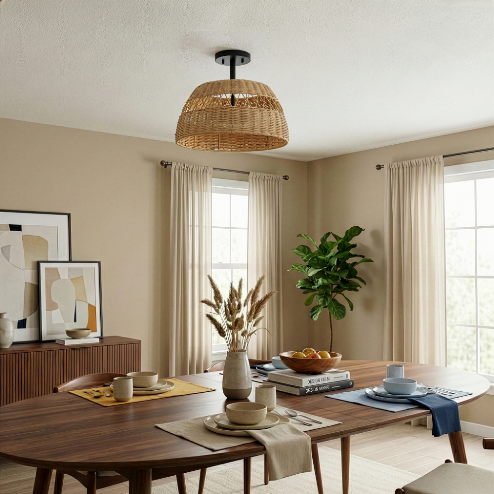 Twinkle 2-Light Semi Flush Mount with Rattan Shade and Black Metal | MidinMod