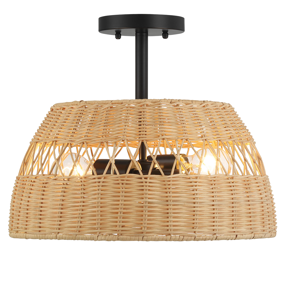 Twinkle 2-Light Semi Flush Mount with Rattan Shade and Black Metal | MidinMod