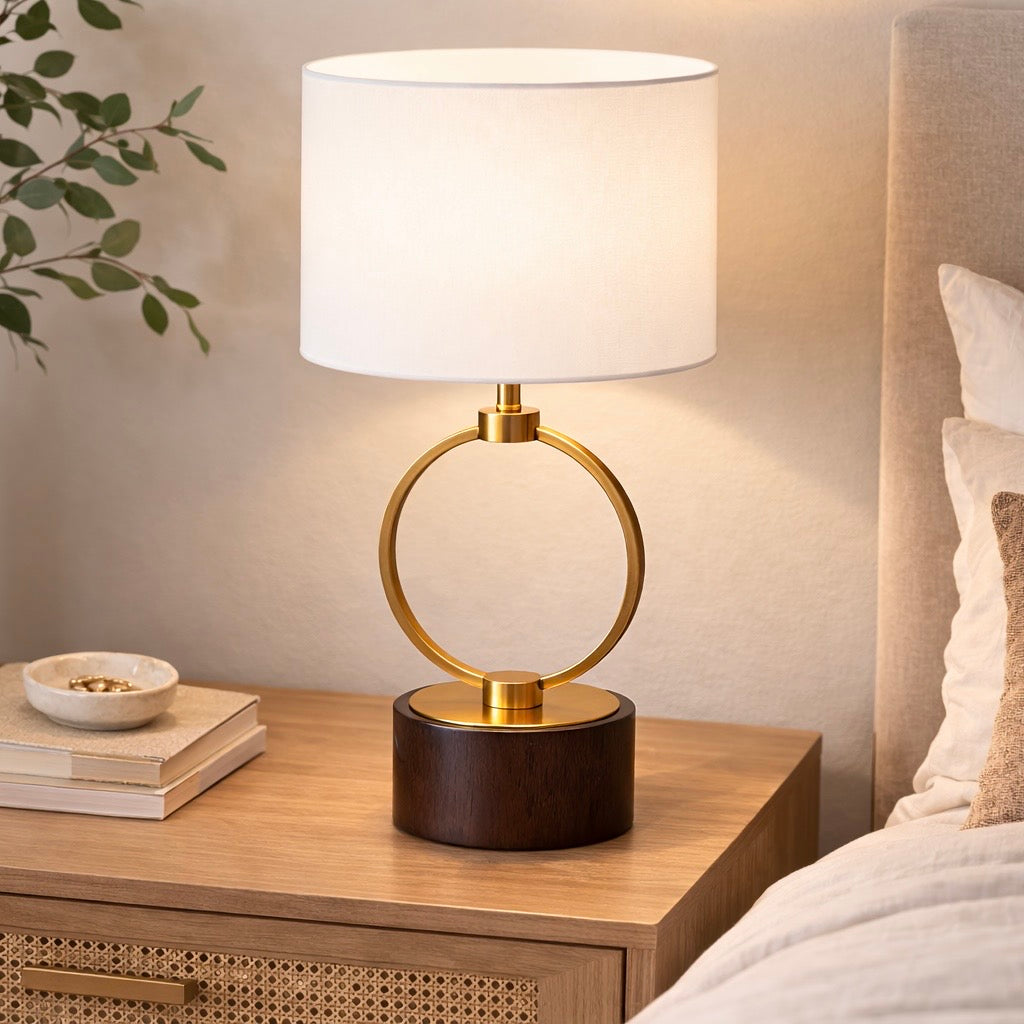 Vega Table Lamp | Circular Metal Frame & Walnut Wood Base | MidinMod