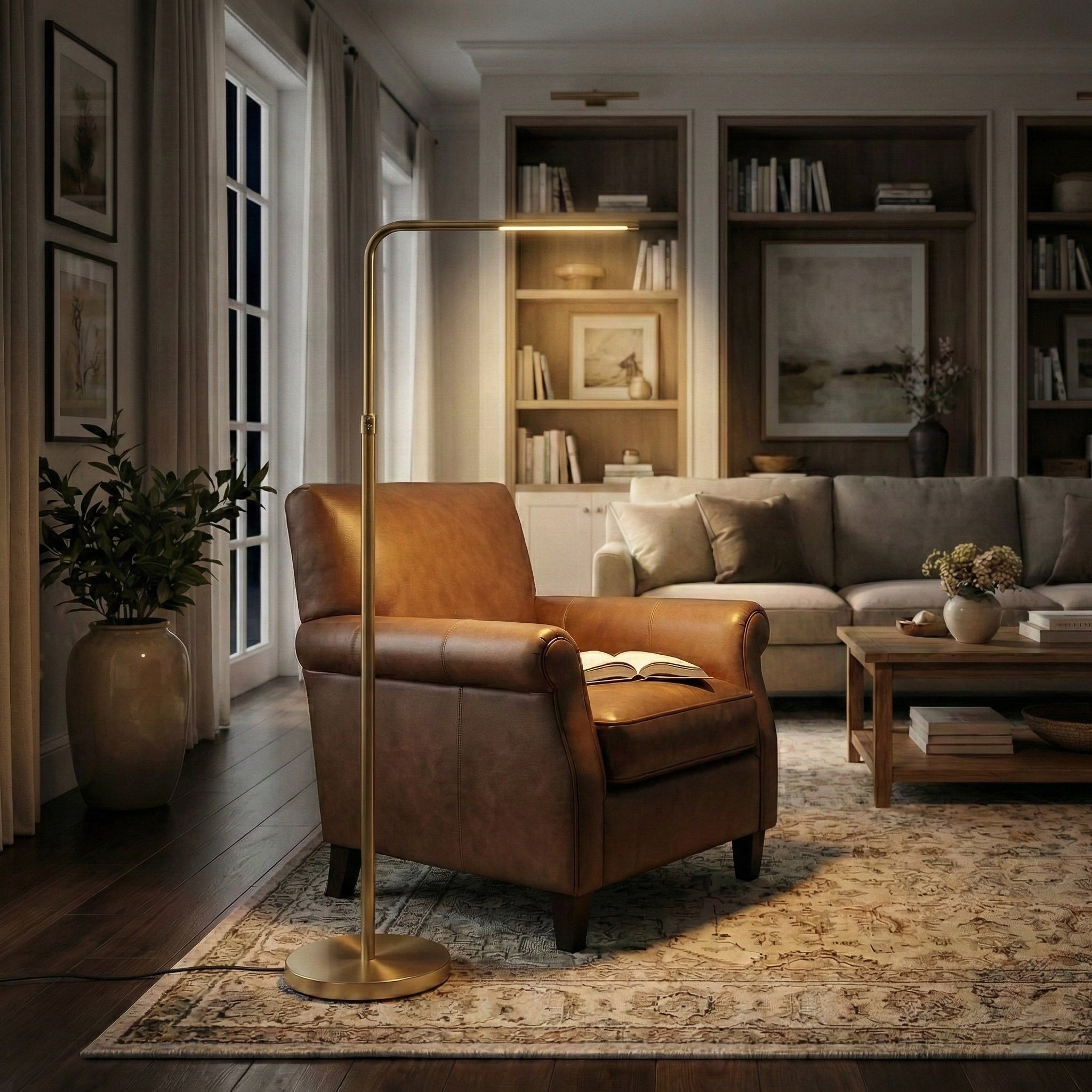 Verve Brassed Gold LED Floor Lamp with Adjustable Head and Round Base | MidinMod