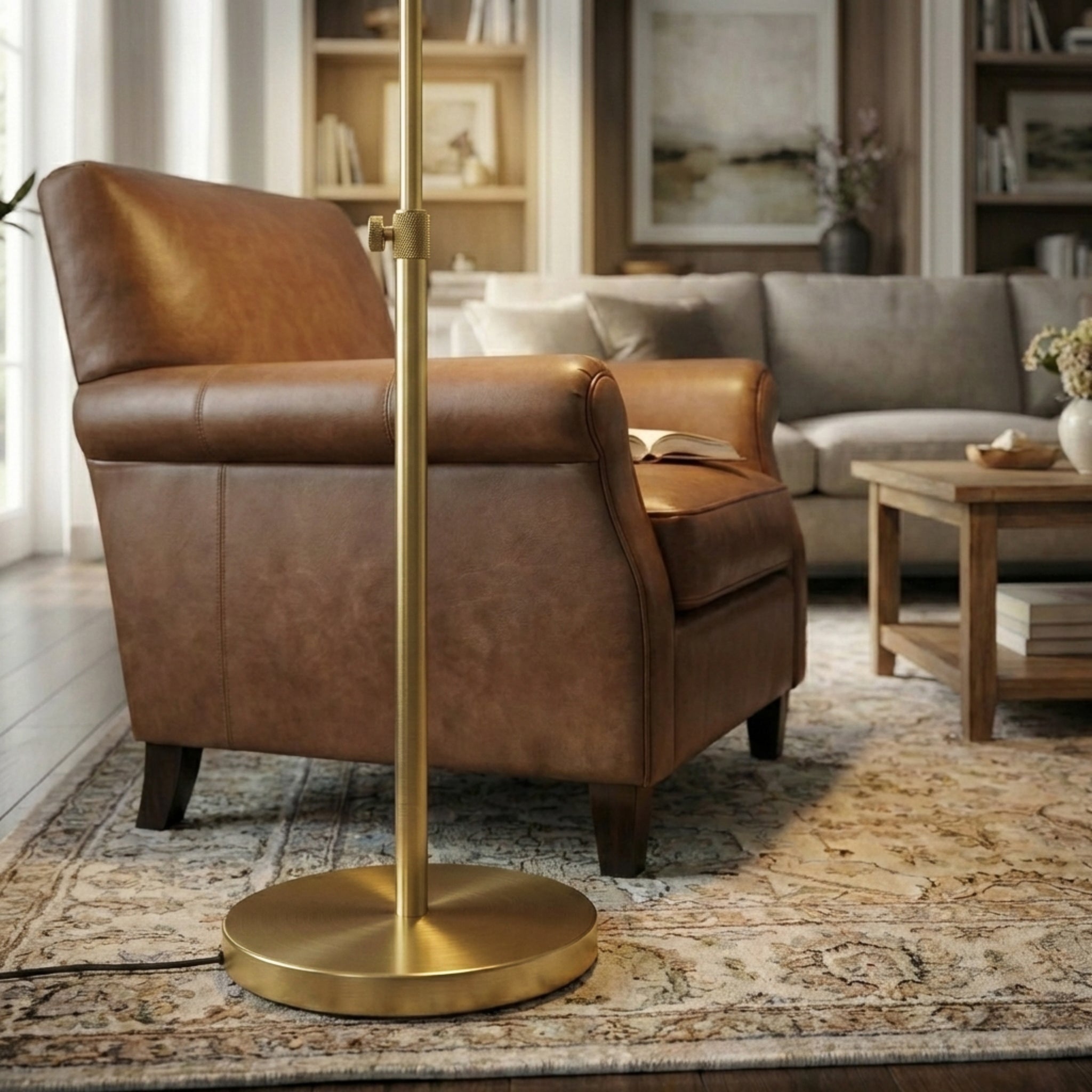 Verve Brassed Gold LED Floor Lamp with Adjustable Head and Round Base | MidinMod