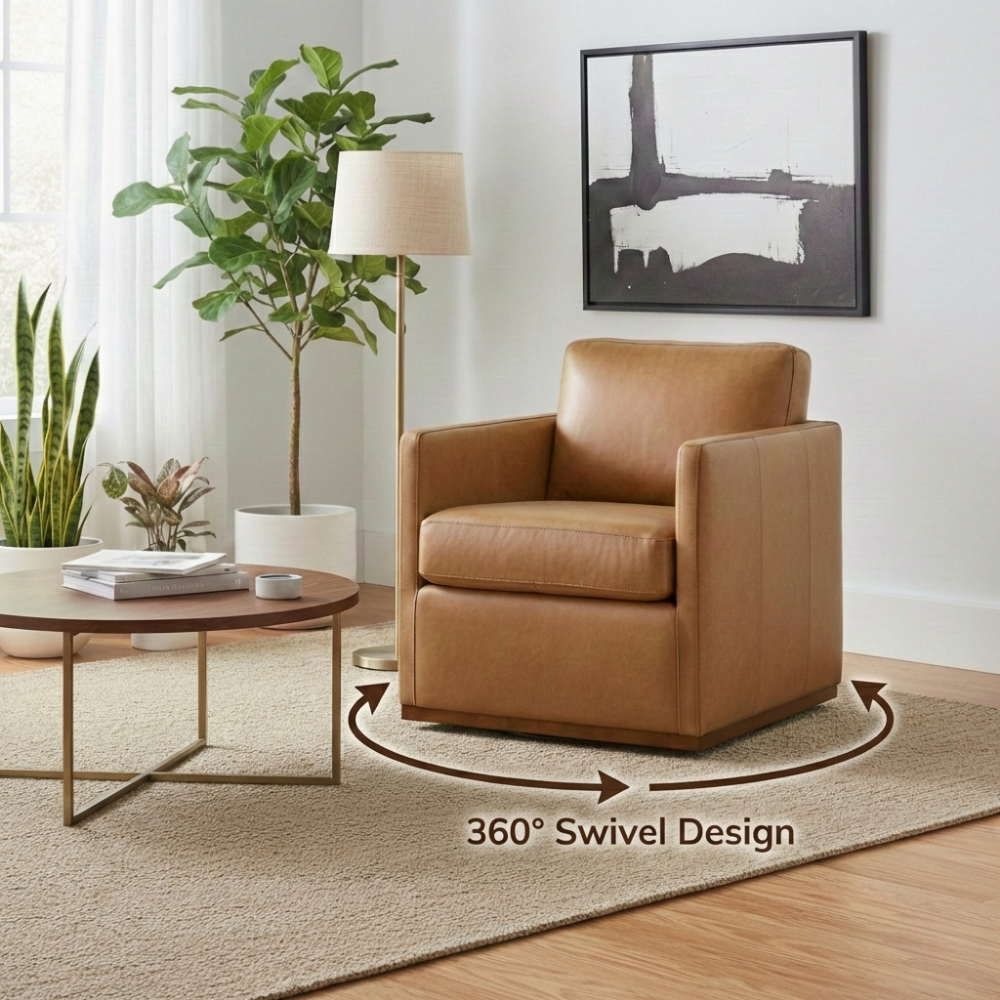 Victor Mid-Century Modern Tan Leather Swivel Chair - MidinMod