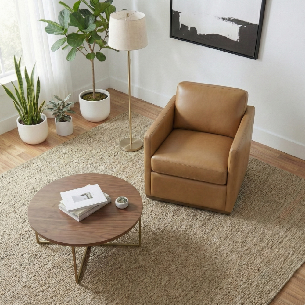Victor Mid-Century Modern Tan Leather Swivel Chair - MidinMod