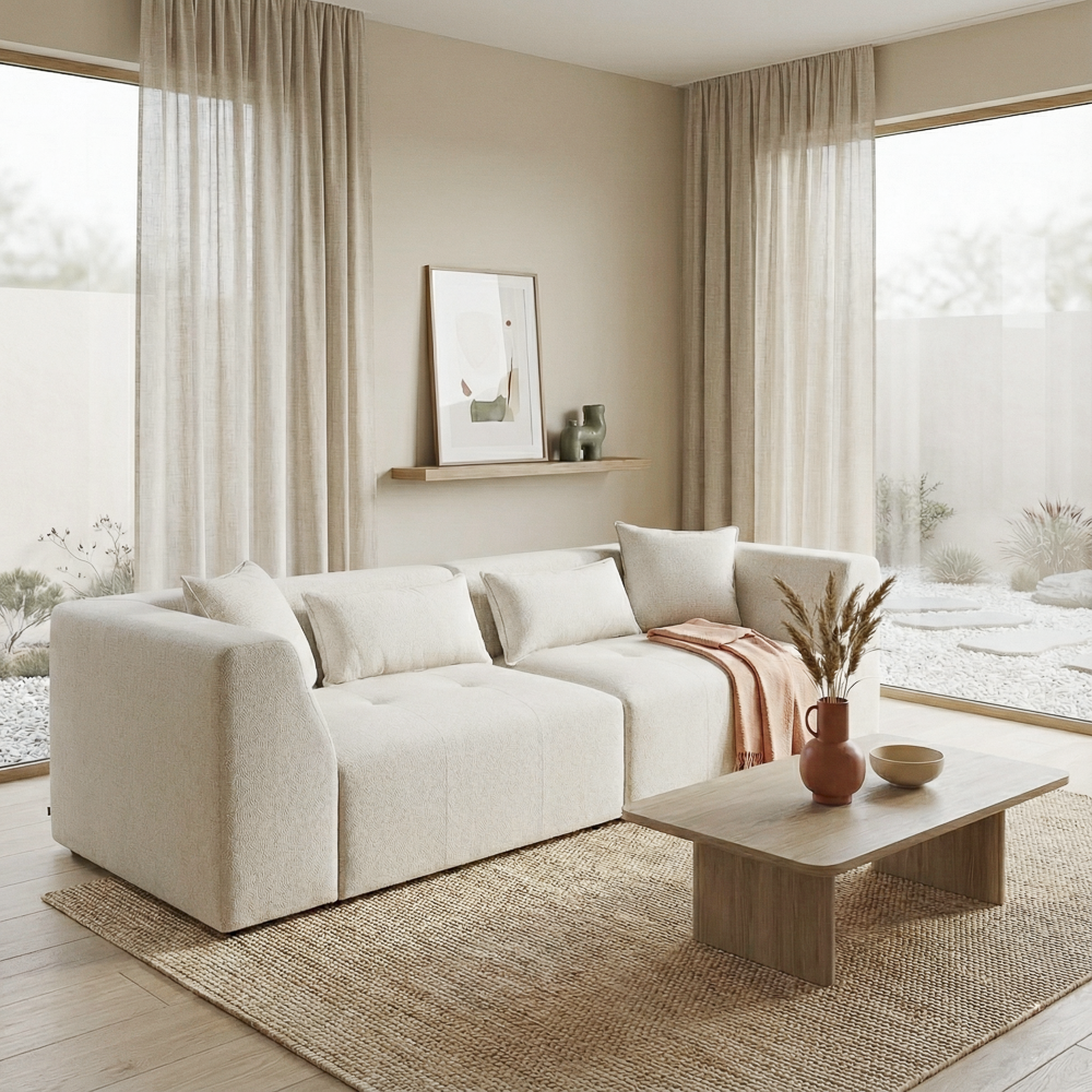 Victoria Beige Chenille Sofa with Biscuit Tufting & Tuxedo Arms | MidinMod