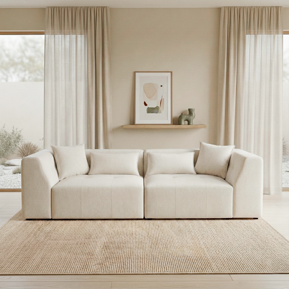 Victoria Beige Chenille Sofa with Biscuit Tufting & Tuxedo Arms | MidinMod