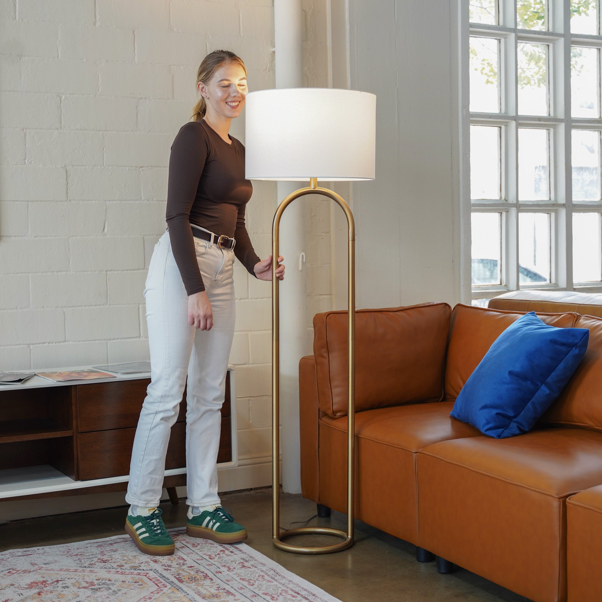 Vivid Brass Ring Base Floor Lamp with Large White Drum Shade