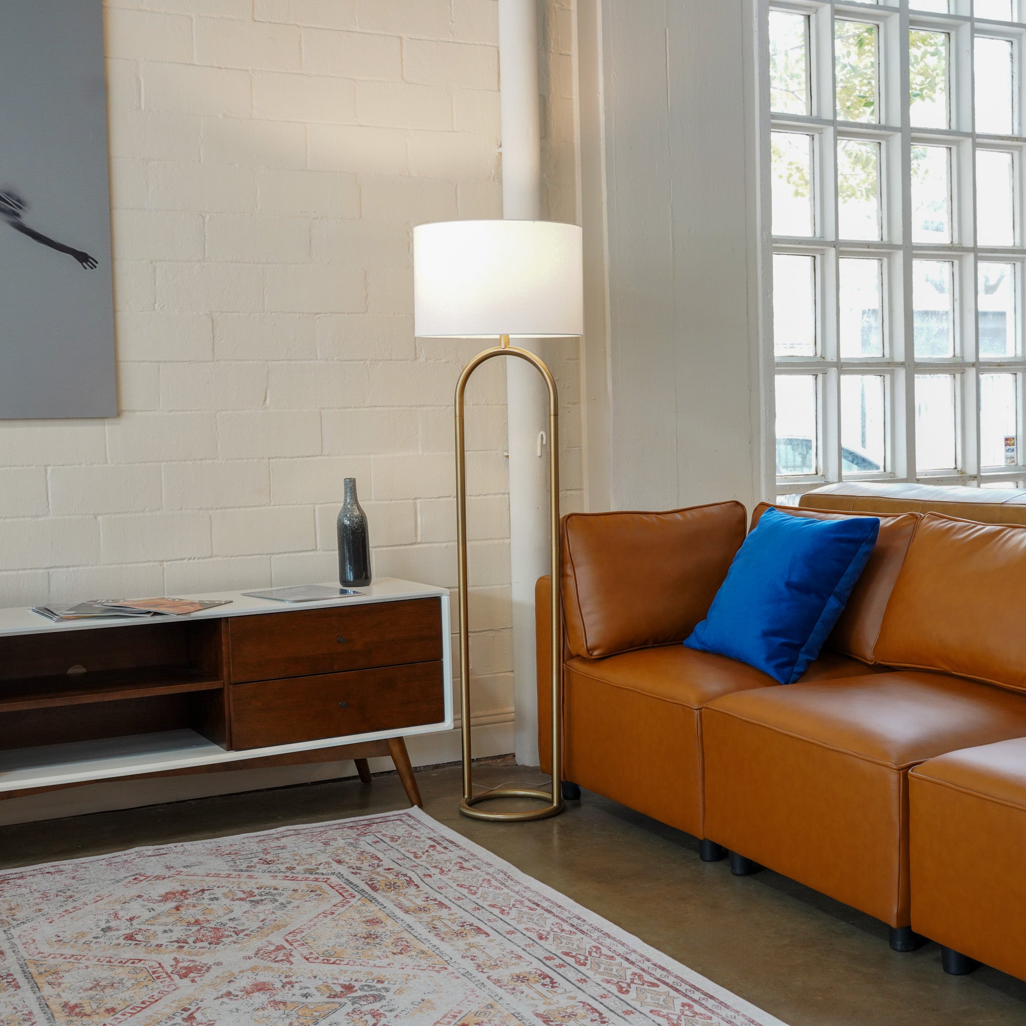 Vivid Brass Ring Base Floor Lamp with Large White Drum Shade