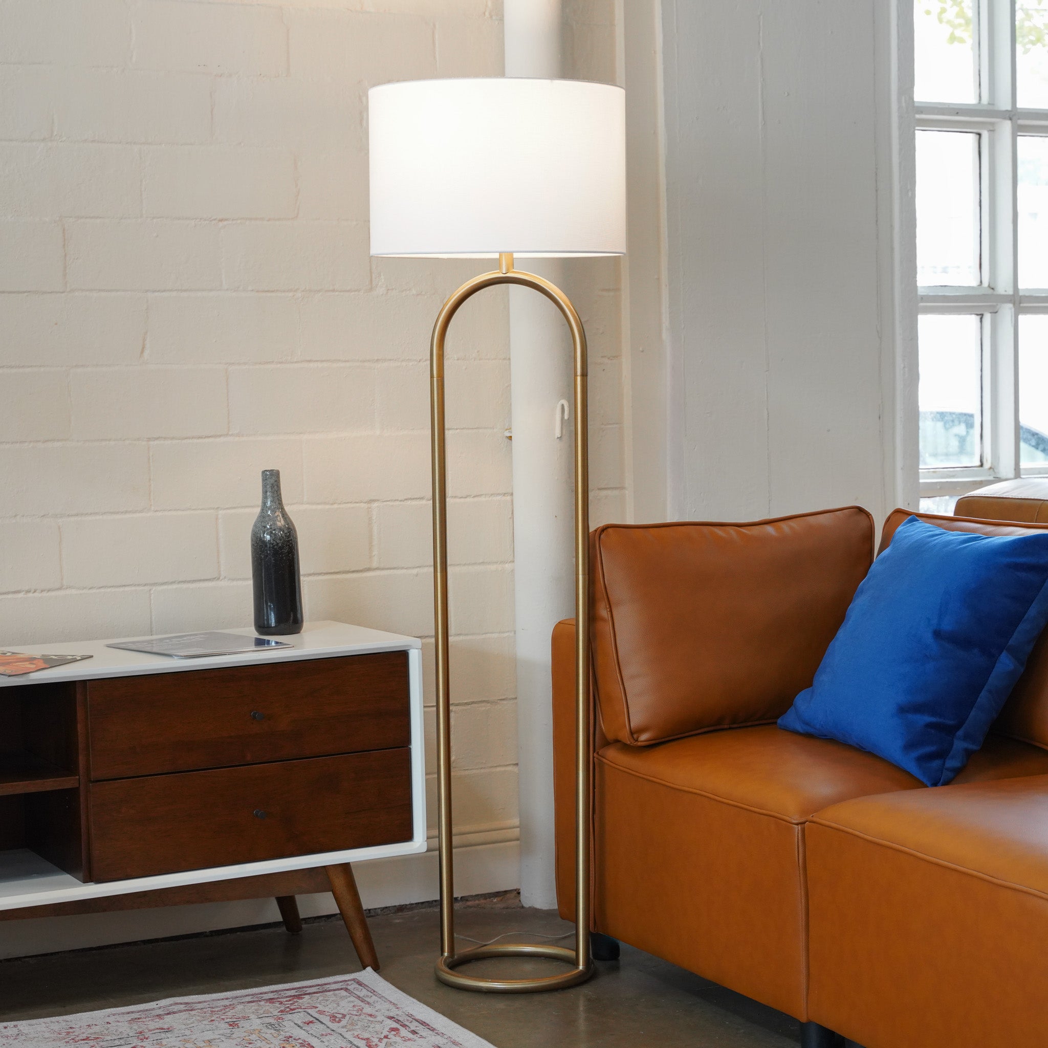 Vivid Brass Ring Base Floor Lamp with Large White Drum Shade
