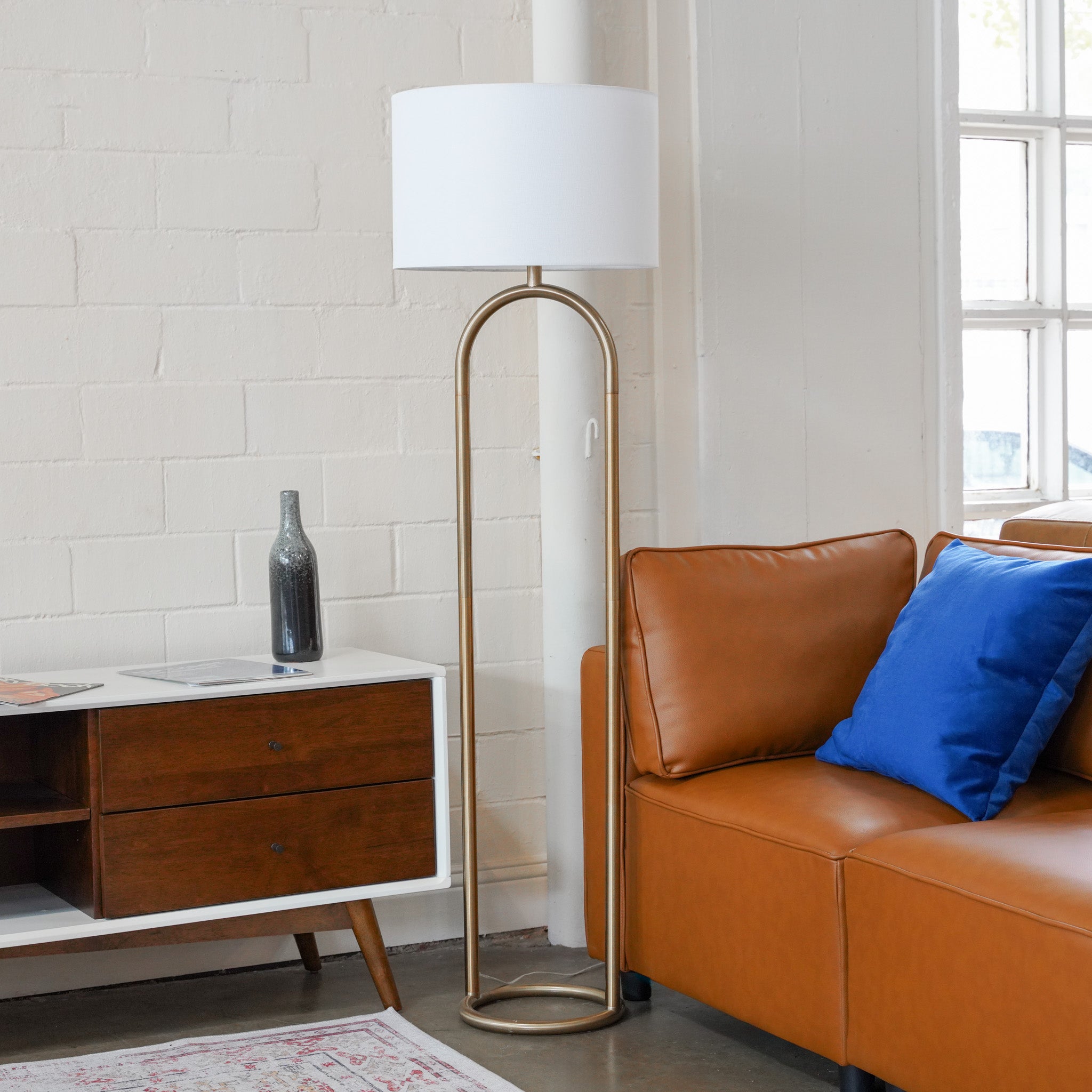 Vivid Brass Ring Base Floor Lamp with Large White Drum Shade