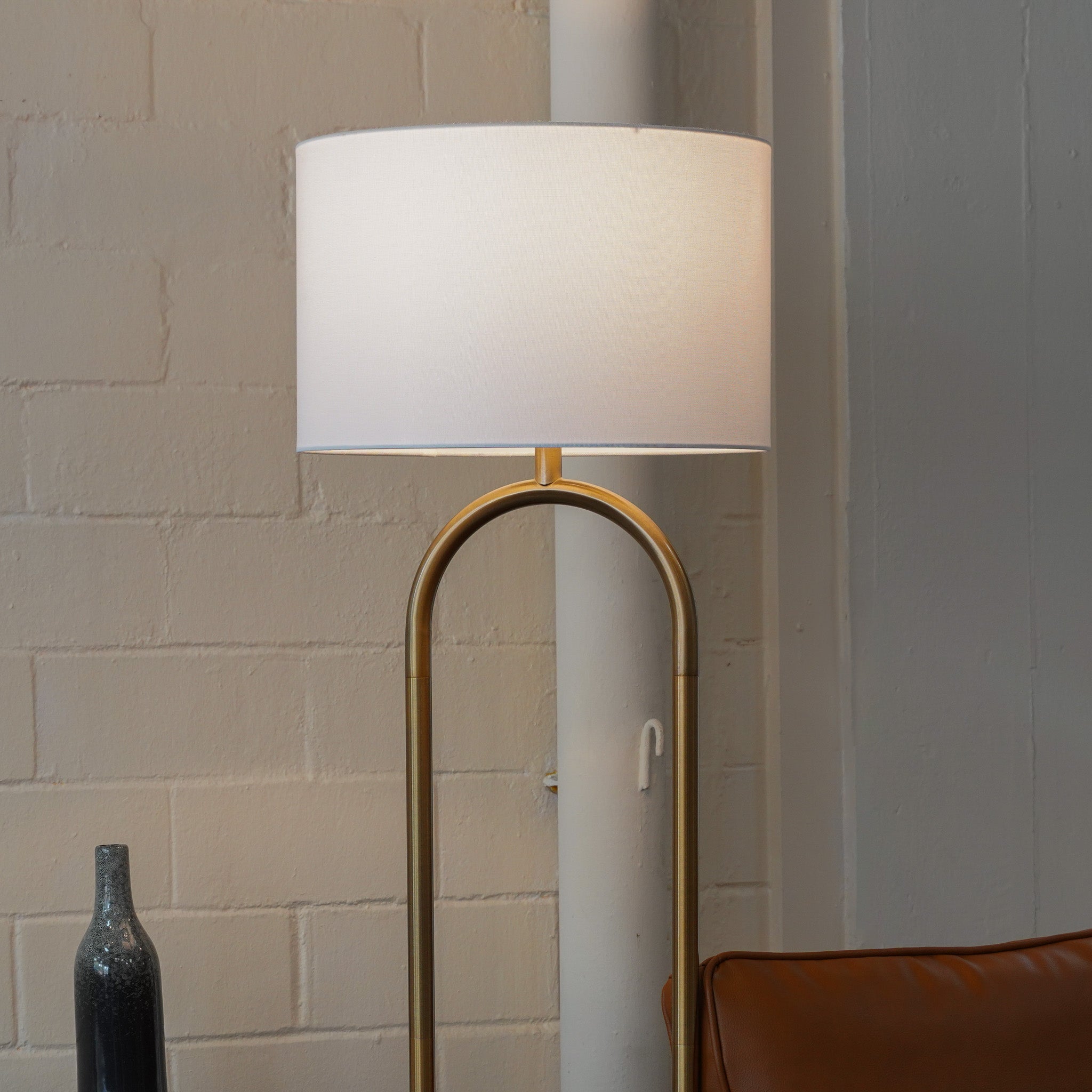 Vivid Brass Ring Base Floor Lamp with Large White Drum Shade