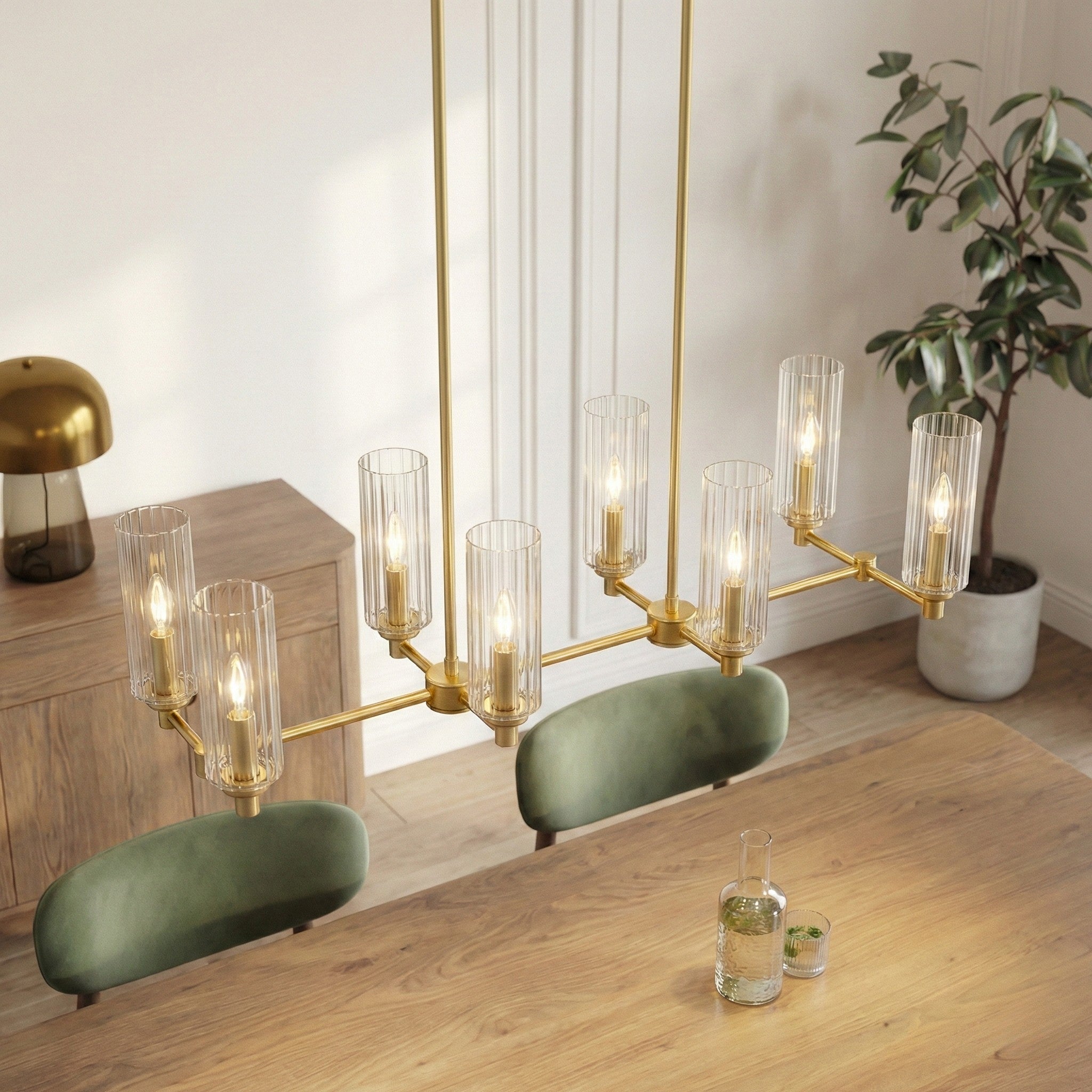 Willow 8-Light Island Pendant | Satin Brass with Clear Ribbed Glass | MidinMod